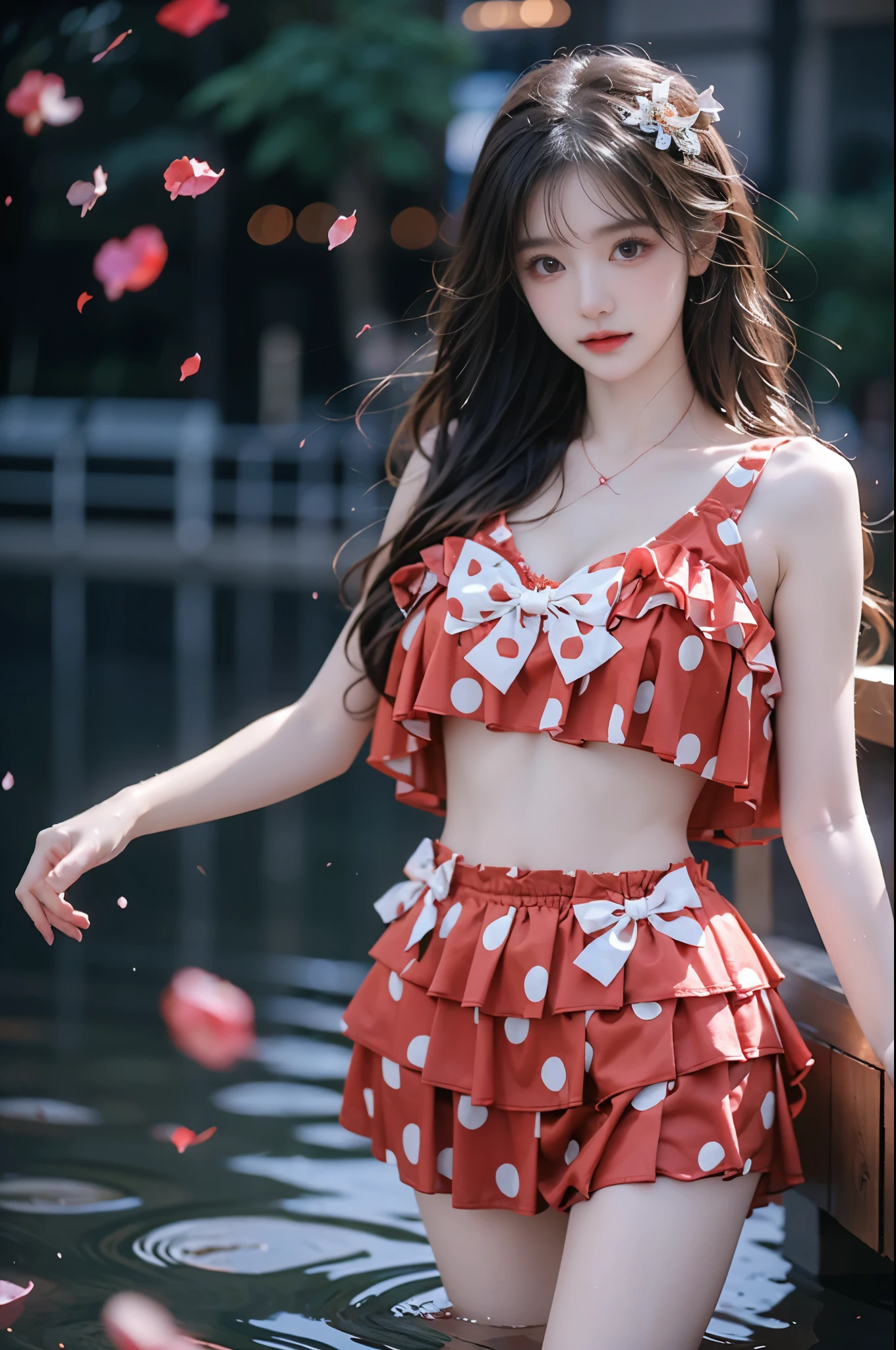 cute swimsuit, polka dot bikini, frills, bow, halterneck ,,(photorealistic:1.2), beautiful asian woman, (Full bust, visible cleavage, very short hemline), (Beautiful romantic style), fashion model, long slender legs, standing in reflective pool, knee-deep water, elegant dance pose, lifting dress to thigh level, moonlit night scene, scattered rose petals in water, floating rose petals in air, soft moonlight illumination, volumetric lighting, cinematic lighting, high detail skin texture, wet fabric effect, shallow depth of field, soft bokeh, 8k uhd, masterpiece quality