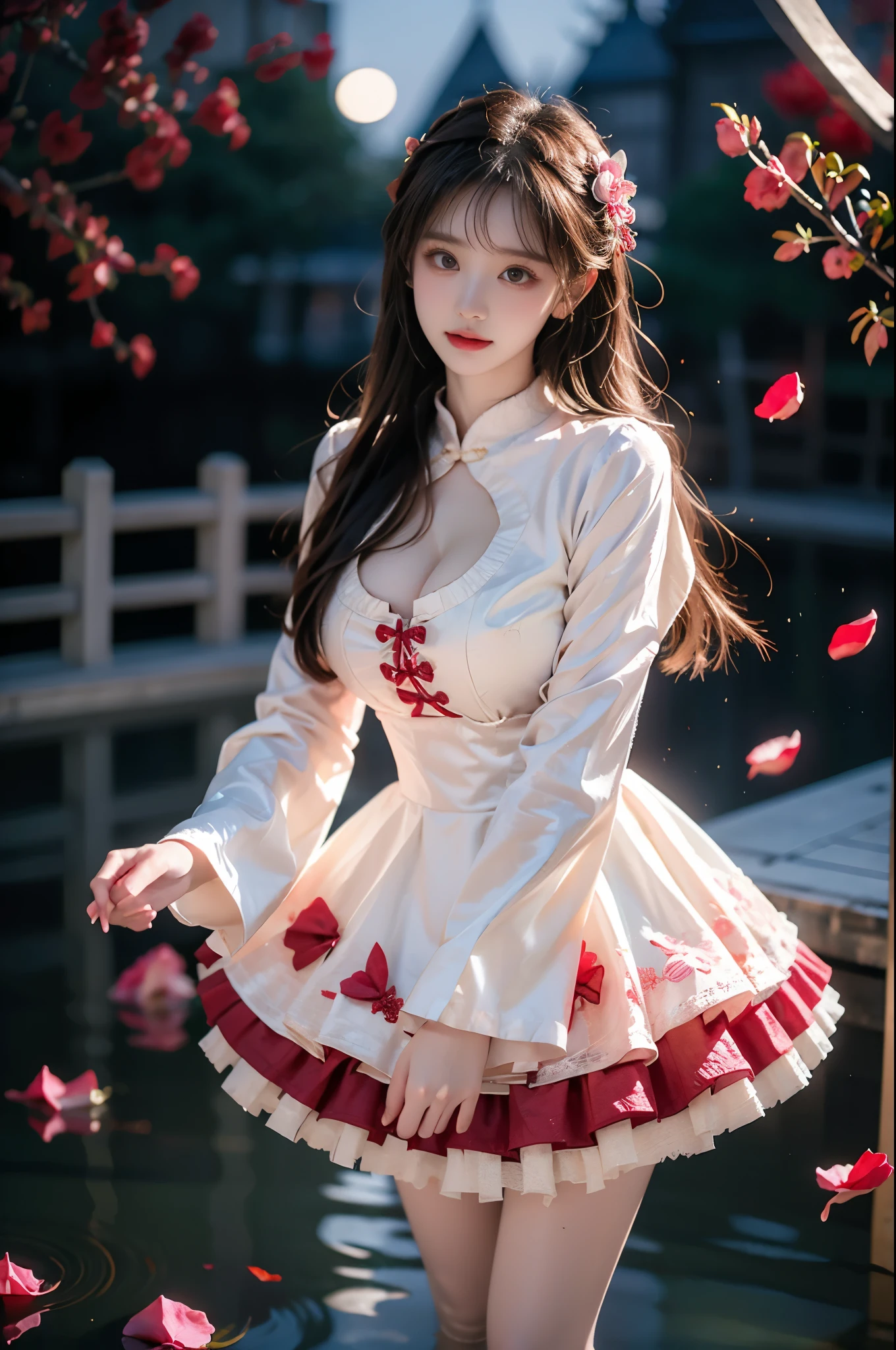 cyb dress, chinese clothes, long sleeves, capelet, frills, frilled dress, wide sleeves ,,(photorealistic:1.2), beautiful asian woman, (Full bust, visible cleavage, very short hemline), (Beautiful romantic style), fashion model, long slender legs, standing in reflective pool, knee-deep water, elegant dance pose, lifting dress to thigh level, moonlit night scene, scattered rose petals in water, floating rose petals in air, soft moonlight illumination, volumetric lighting, cinematic lighting, high detail skin texture, wet fabric effect, shallow depth of field, soft bokeh, 8k uhd, masterpiece quality
