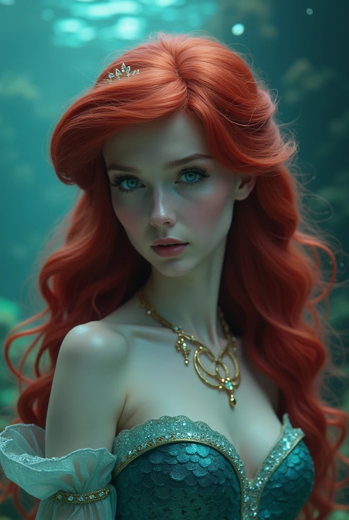 lady gaga, detailed face,red hair, like princess ariel, disney movie, mermaid, mermaid body, showing mermaid syrup, with mermaid scales, mermaid greek mythology,scales on chest, shiny, whole body, beautiful, goddess of the seas, most beautiful girl of the seas, at the bottom of the sea, sailing inside the water, queen of the waters, accessories, sea shells, hair floating in the water