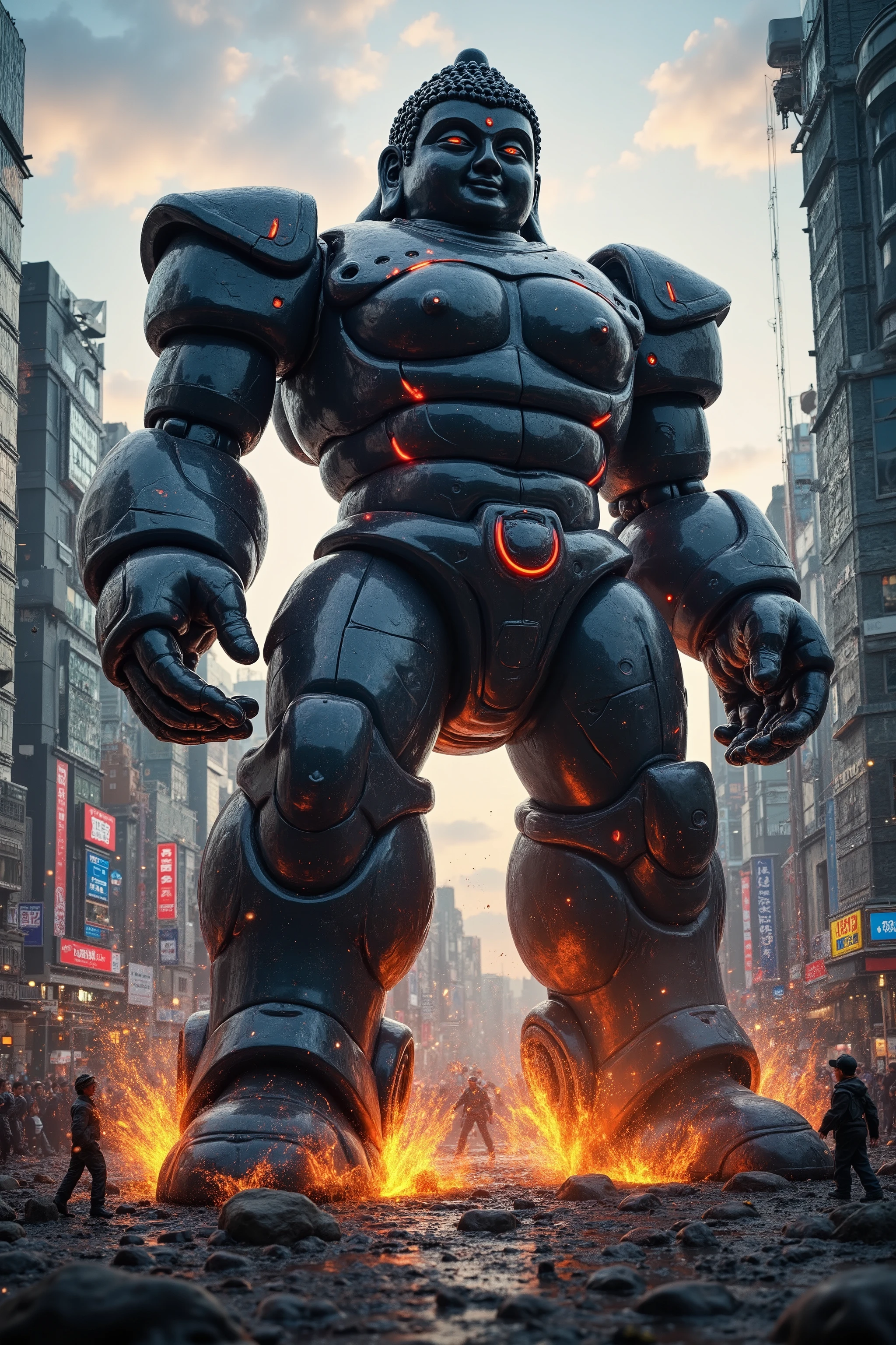 ( best quality ,4K,8k, high resolution,Masterpiece:1.2), Ultra Details, bright colors, Chiaroscuro Lights , dramatic lighting, movie, concept art,urban city,splash of earth,((A side-view)) of a massive high-tech robot modeled after the traditional "Great Buddha" (Daibutsu) statue, featuring a serene yet powerful expression, intricate mechanical details resembling sacred ornamentation, and glowing energy lines along its body. The robot is engaged in an intense wrestling match against a gigantic kaiju with scaly skin and glowing red eyes. The scene is set in a futuristic, ringless Tokyo cityscape at twilight, with skyscrapers and neon signs in the background. Debris and sparks fly as the two titans clash, and a crowd of onlookers can be seen in awe from a safe distance. The atmosphere is dynamic, blending ancient spirituality with cutting-edge technology.