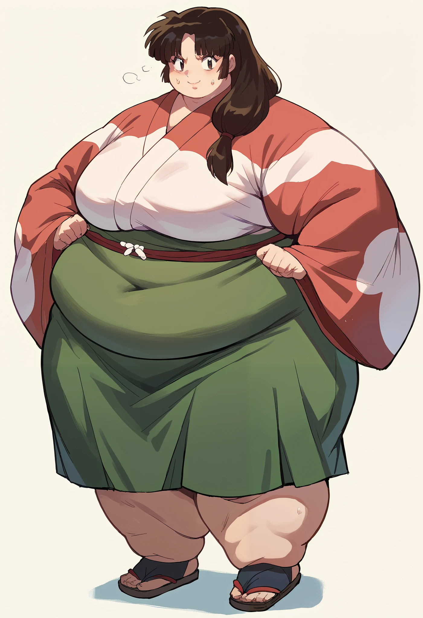 score_9, score_8_up, score_7_up, source_anime BREAK 1girl, Sango, smile, sweating, growing fatter, fat, chubby, obese, full body shot, gigantic arms and legs, perfect quality, long sleeves, japanese clothes, wide sleeves, kimono, green skirt, low-tied long hair