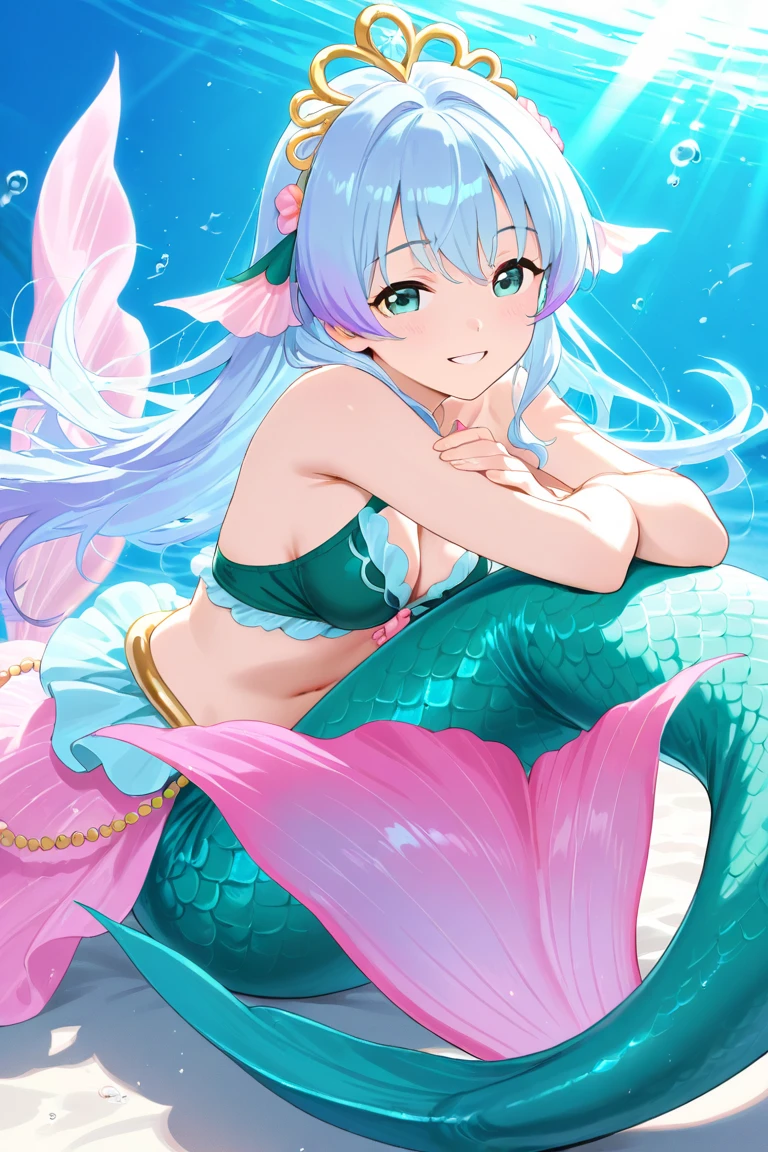 1girl,cowboy shot,beautiful noelle_silva,long hair ,twintails, bangs,silver hair,purple eyes, cleavage, tiara, monster girl, (mermaid:1.1), water, navel, bare shoulders, hair ribbon,underwater, shell, scales,(volumetric lighting), best quality, masterpiece, intricate details, tonemapping, sharp focus, hyper detailed, trending on Artstation,