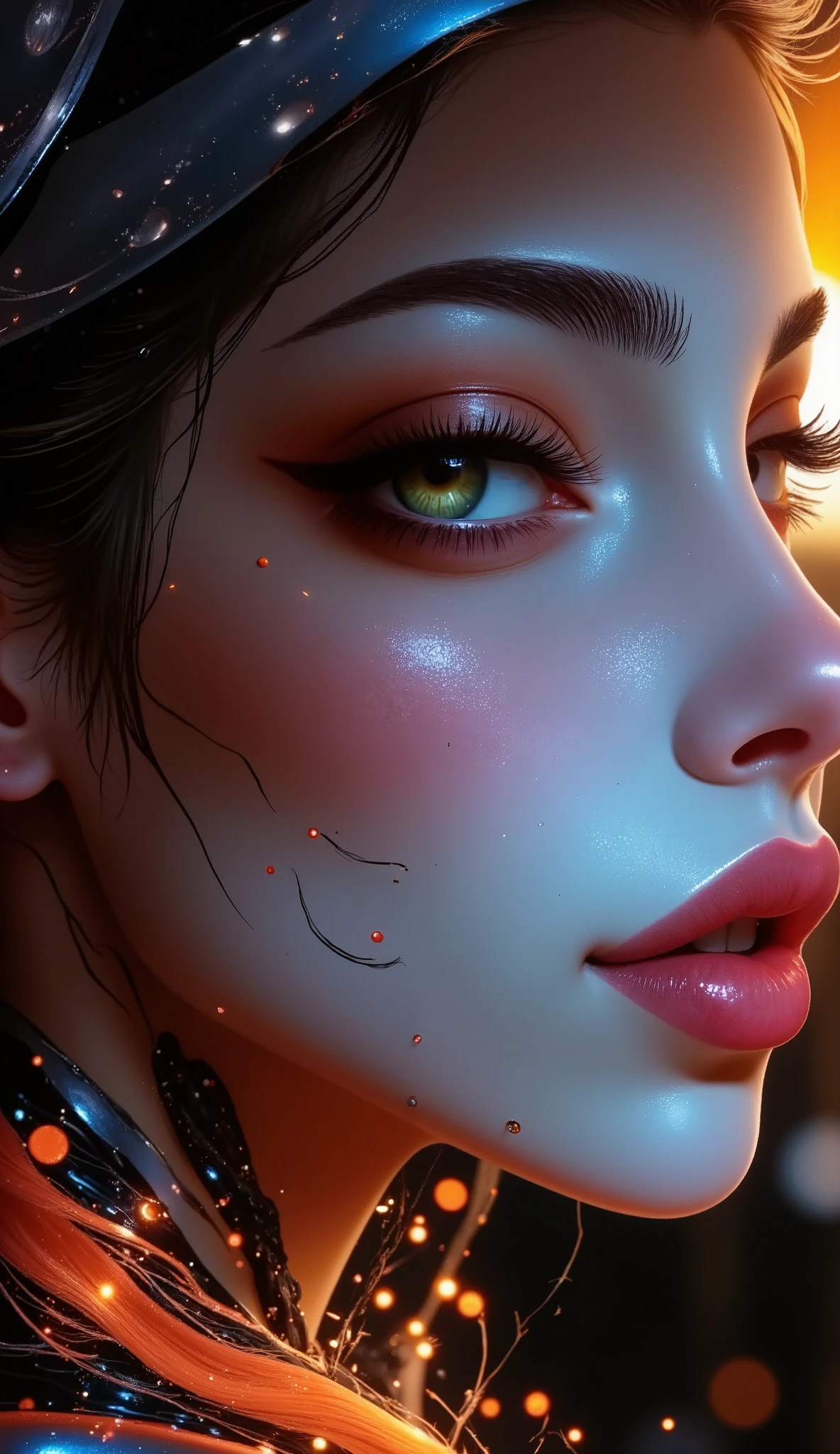 general plan full body half profile looking at the camera , , Of a woman with orange makeup and long eyelashes , round green eyes , round green eyes s, verdes eyes, shades of orange and black , big, detailed eyes , orange pupils, round charcoal eyes , fluffy orange skin, round peach face , Pop makeup style, the locks on her face , shades orange and blue , ORANGE SHADES , big, detailed eyes , round eyes, round eyes and beautiful slanted eyes full and kissable lips , redondo