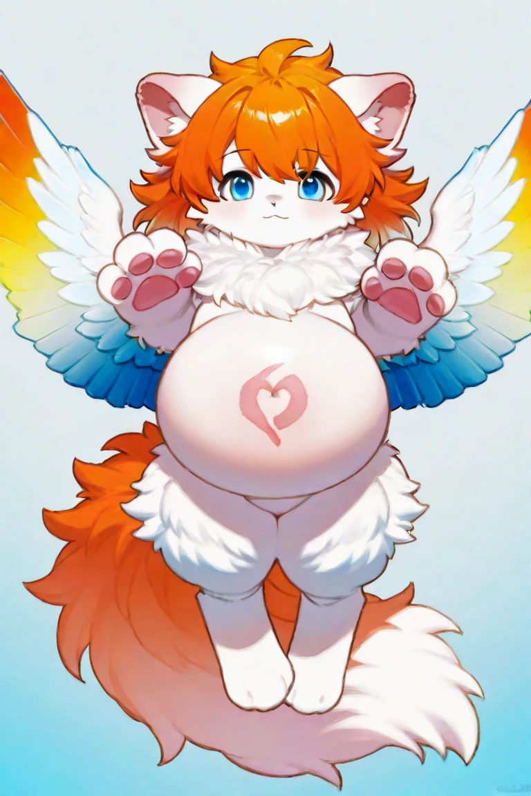 Cute, young, naked, small breasts, smiling, pink hair, pink feathers, huge belly