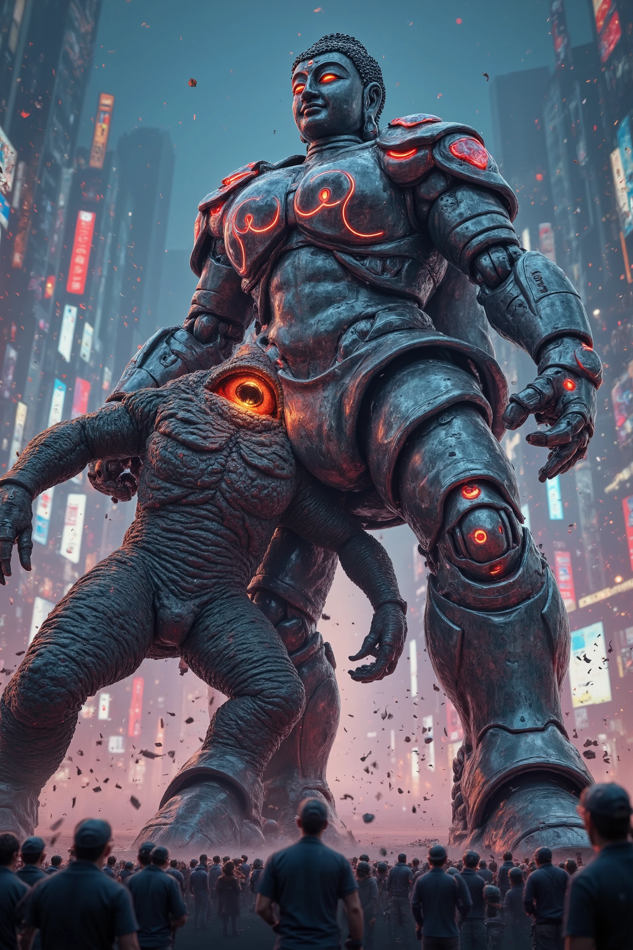 ( best quality ,4K,8k, high resolution,Masterpiece:1.2), Ultra Details, bright colors, Chiaroscuro Lights , dramatic lighting, movie, concept art,urban city,splash of earth,((A side-view)) of a massive high-tech robot modeled after the traditional "Great Buddha" (Daibutsu) statue, featuring a serene yet powerful expression, intricate mechanical details resembling sacred ornamentation, and glowing energy lines along its body. The robot is engaged in an intense wrestling match against a gigantic kaiju with scaly skin and glowing red eyes. The scene is set in a futuristic, ringless Tokyo cityscape at twilight, with skyscrapers and neon signs in the background. Debris and sparks fly as the two titans clash, and a crowd of onlookers can be seen in awe from a safe distance. The atmosphere is dynamic, blending ancient spirituality with cutting-edge technology.