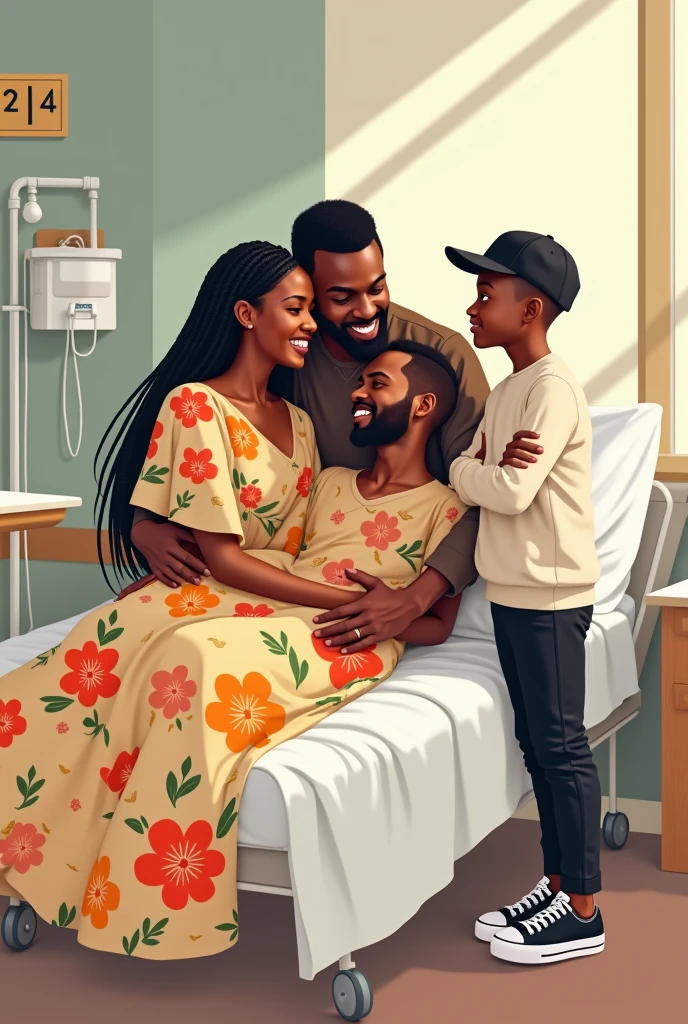 Create an image of African Igbo maternity hospital a young igbo lady of about 28years chioma heavily pregnant and glowing with joy accompanied by her husband obinna an igbo man of about 35years old who is happy about becoming a father and a nurse lady named nkechi greeting them with a smile that doesn’t quite reach her eyes leading her to her room