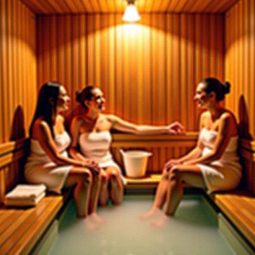 photo of old wrinkely 2 hot gilf, 100 years old, hugging in sauna, one is asian, one is black