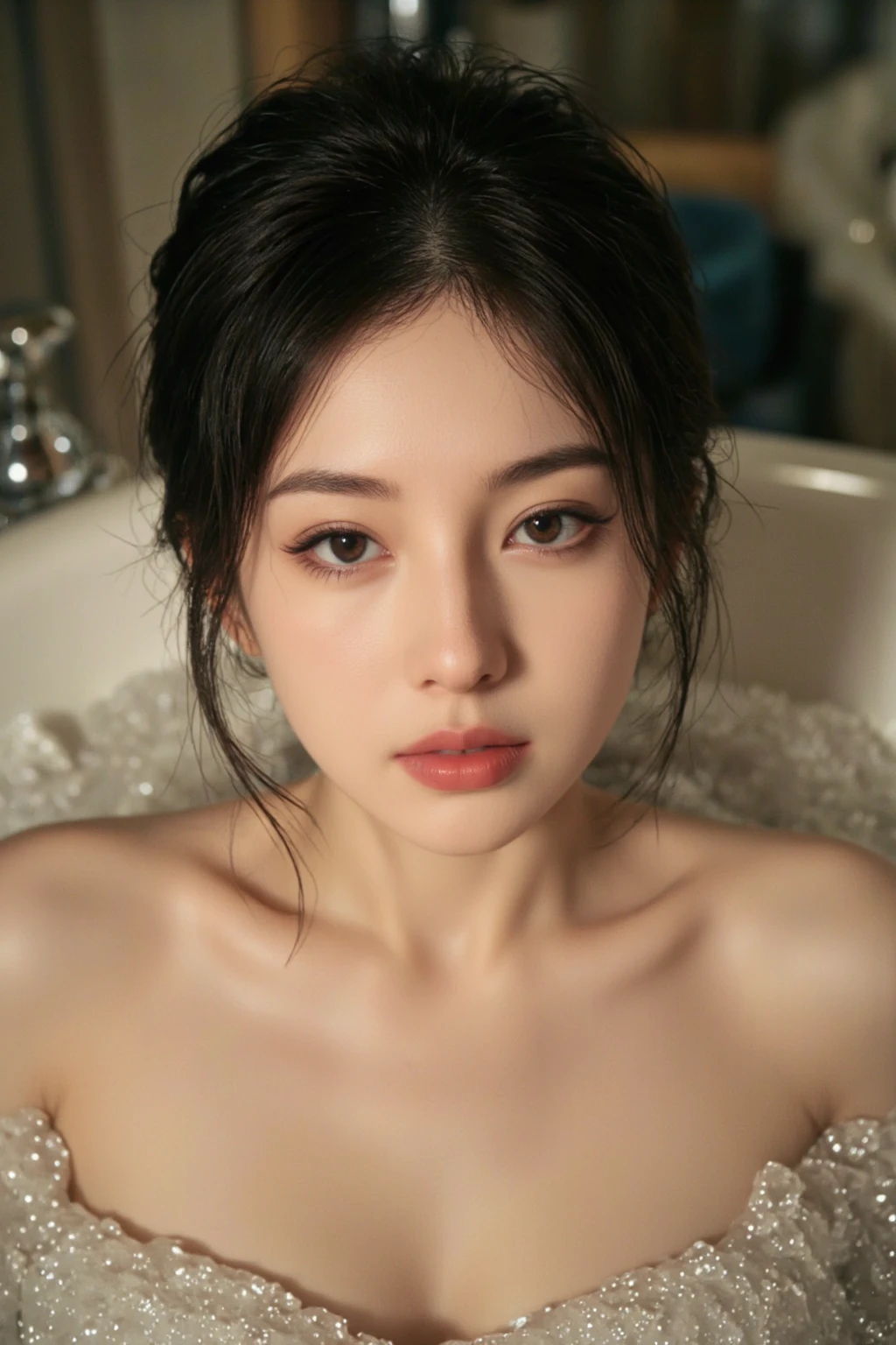 Professional photography, realistic, Wong Kar-Wai, shot from top down photo of Asian woman lying in the bathtub, she has long messy black hair, she is bathing, she has pretty makeup, the bathtub full of soap foam, photo has bubbles flying in foreground, intricate detailed