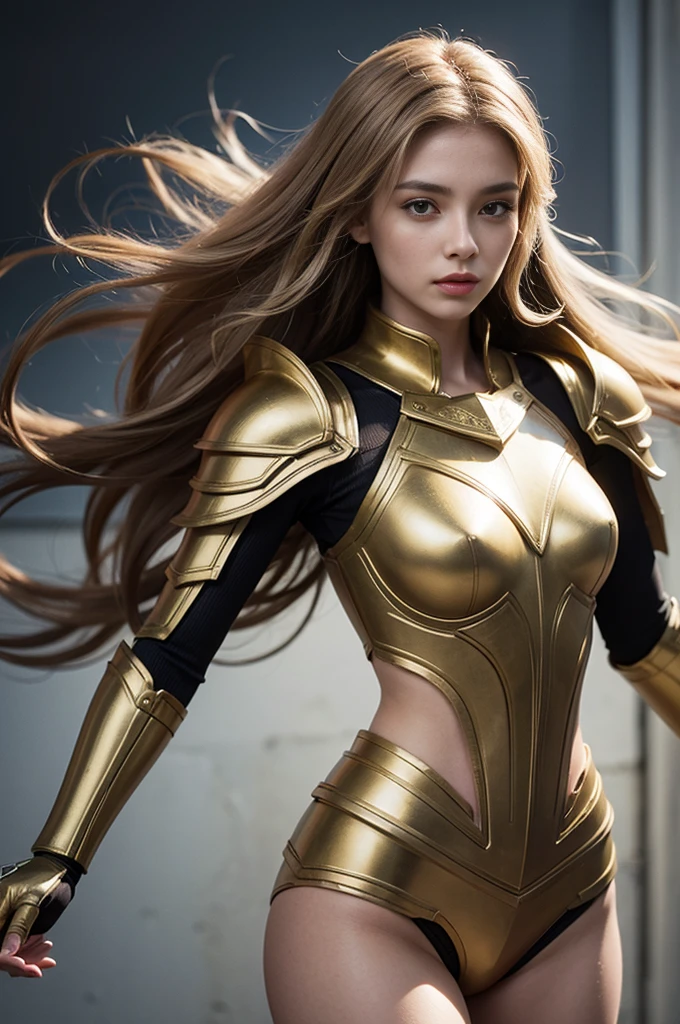 A girl with golden armor, com cabelo comprido loiro com franja high detail , high detail,8k