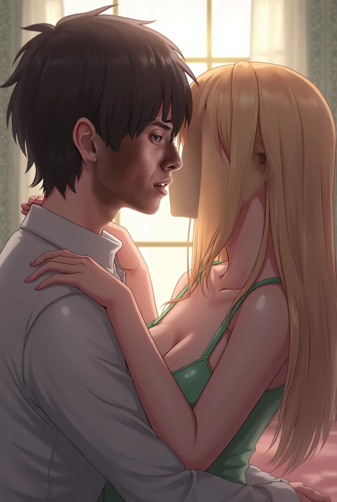 masterpiece, highest quality, High resolution, ultra highest detailed,(((anime))), cinematic lighting,(((perfect anatomy,anatomically correct,Perfect hands,completly nude))), 1guy and 1girl, looking at viewer, (guy,black short hair, brown eyes, eyepatch on only guy's right eye,face on breasts),BREAK girl,blonde long hair,blue eyes, sexy lingerie,bedroom