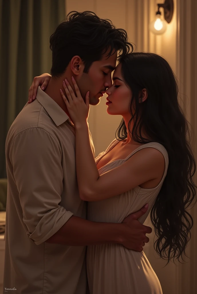 Create a image of a 25 year indian girl with long black silky hair and high ponytail style sitting on thr bed her boyfriend is kissing her neck from back