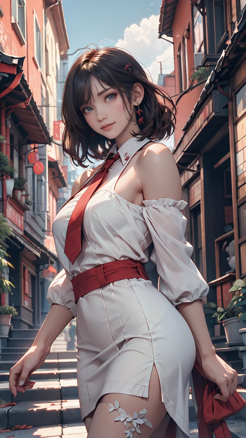 (masterpiece:1.2, top-quality), (realistic, photorealistic:1.4), beautiful illustration, (natural side lighting, movie lighting), (face focus,full body, from below),a 17 years old girl, japanese, high school girl, perfect face, perfect body, cute and symmetrical face, shiny skin, babyface,(short hair:1.6), (low ponytail:1.6), long sideburns, light brown hair), asymmetrical bangs, dark blue eyes, big eyes, drooping eyes, (small breasts, posed cleavage,seductive thighs, big ass), beautiful hair, beautiful face, beautiful detailed eyes, beautiful clavicle, beautiful body, beautiful chest, beautiful thigh, beautiful legs, beautiful fingers, (off-shoulder red sweter dress:1.3), (sleeveless black:1.1),( brown tight mini skirt), emerald green hair ribbon), (beautiful scenery), morning, (street), standing, upper eyes, (with sparkling eyes and a contagious smile:1.2),looking at Viewer