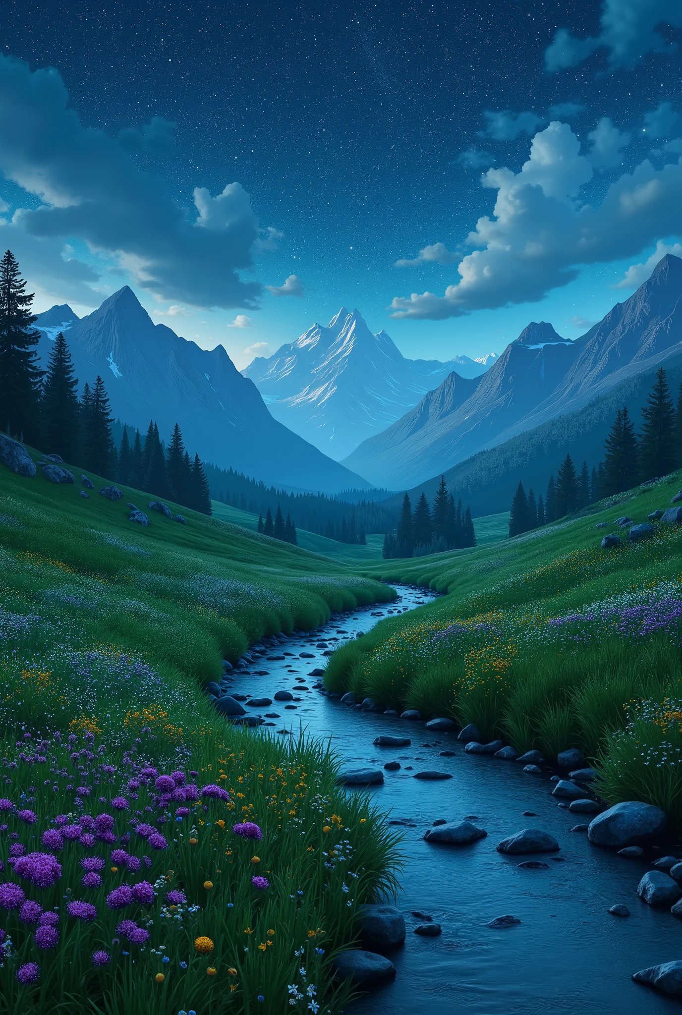 A natural landscape of nocturnal beauty and a long mountain range, a path, a river and a grassy field 