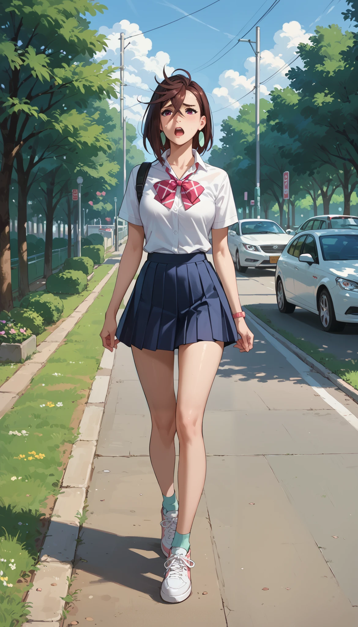 Anime girl walking down the street in a short skirt and white shirt ...