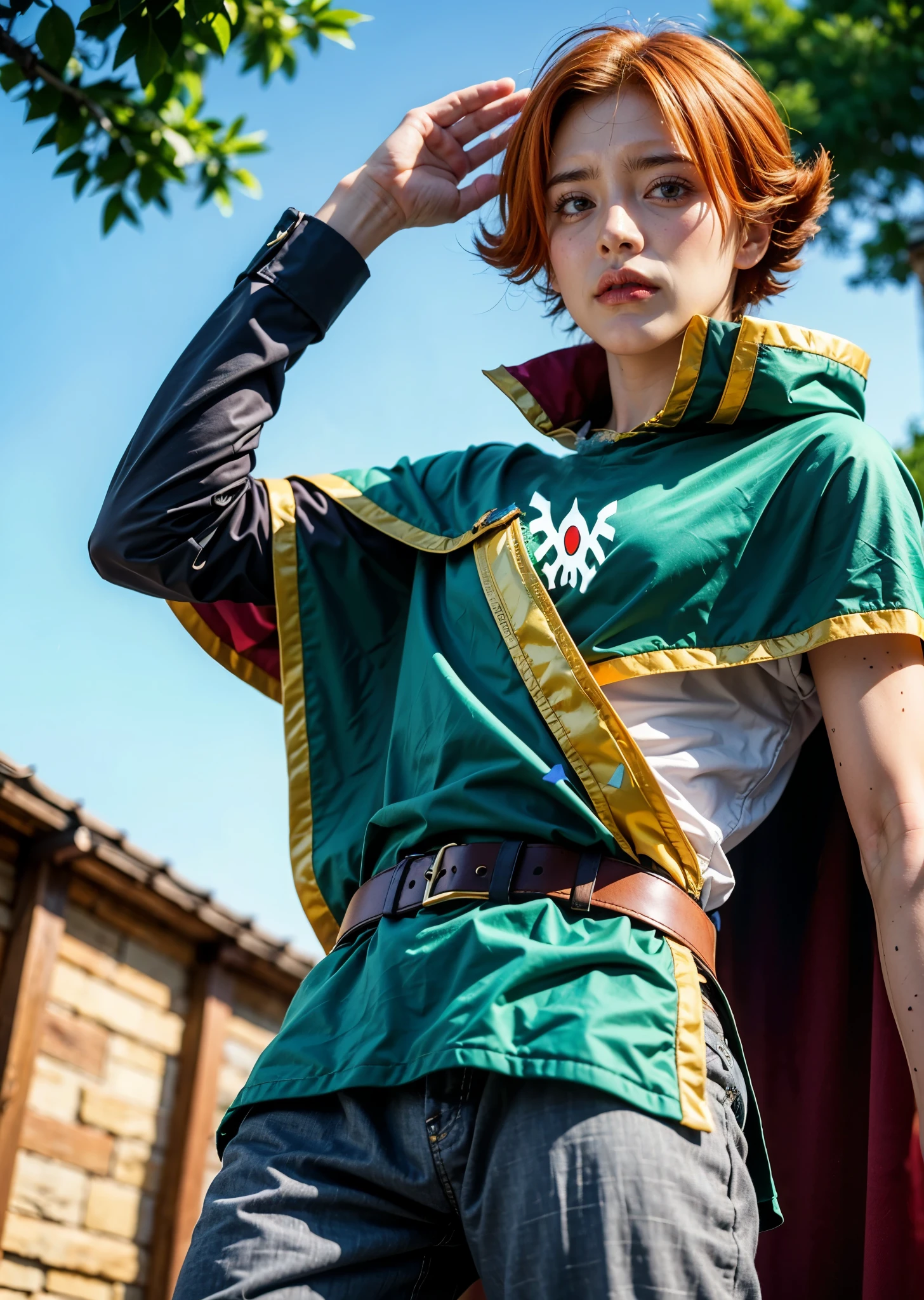 looking at viewer and arm up、 ( Slavic boy、 Orangehair、Perm 、Freckles).  (green.Tabard、green tunic、cape.belt,)、glove.    pants.  cowboy shooting ,   viewers. super real:1.2、 Masterpiece,  best quality ,  more details、outdoor、from below、upperbody