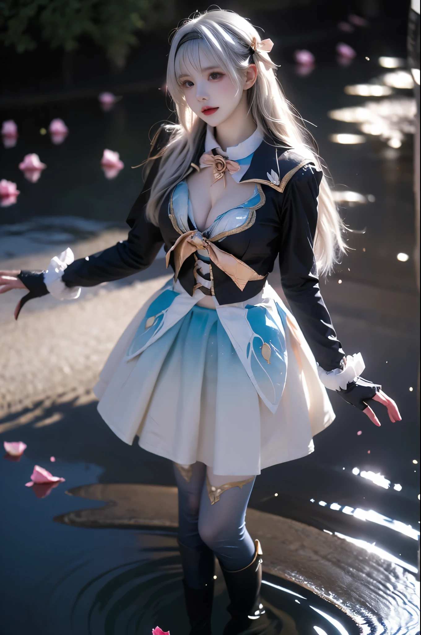 (On the table, best quality, Glowing lights, sparkling, Glowing skin, ultra-deTailliert, DeTailed background, Complex background),(Perfect face, DeTailed face, DeTailed eyes,Perfect hands,Perfect fingers), (Medium chest:1.2,Smile),(Mature women:1.4),Cowboy shooting,Chic,
Lynette,((Gradient hair)),  Gradient eyes, (Glowing eyes:1.3), mascara, (Fashion Makeup), Open your mouth,   Animal ears, Cat ears, Animal ears绒毛, bow, Tail, Cat Tail, Pantyhose, Long sleeve, Black gloves, Weaving, skirt, Black Pantyhose,
((In the middle of rural Japan,Nihonbashi,Crossing the Bridge,river,Cherry tree,Cherry blossom petals,Deep blue sky)),((hyper deTailed background)), Dynamic poses, ((8k wallpaper)) ,