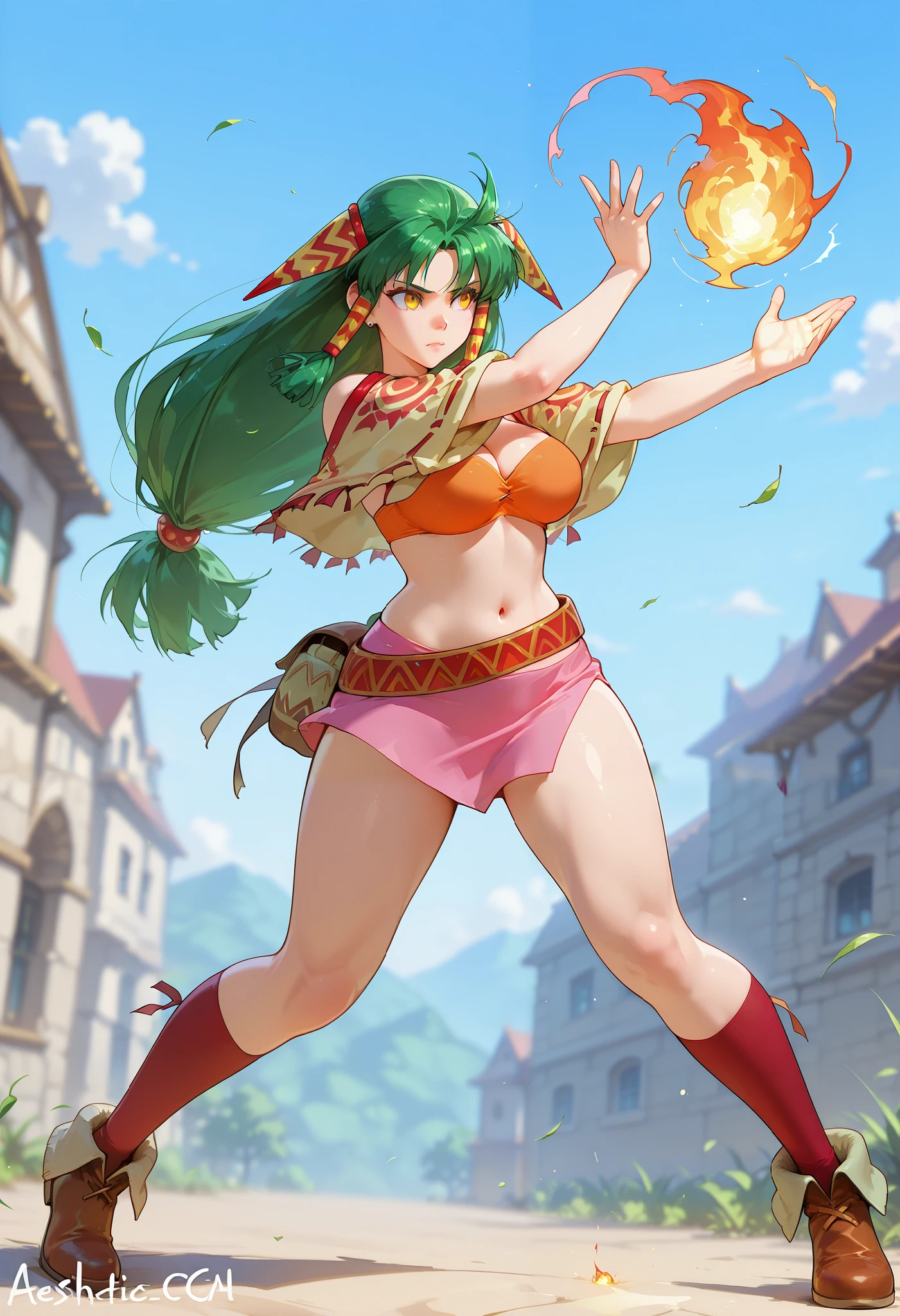 26 yo, face look alike to feena from \(Grandia\), Beautiful Mature young milf, eyesHD, high gradient eyes, detailed eyes, high definition eyes, (mature woman with lean perfection abdomen), chanting the spell, large natural breasts, Curvy body, (outdoor-casting a fireball magic spell - fight a pack of wolves in fantasy classic Grandia settings), battle stance, solo, 1girl, BREAK, She wears an orange bra top that leaves her abdomen exposed, paired with a small short pink skirt held up by a thin red belt. Covering her arms is a tan-colored shawl adorned patterns on both sleeves. Her long green hair flows down her back, with some sections tied through two patterned hair accessories. She completes her ensemble with ripped red socks that extend past her knees and brown shoes featuring tribal patterns similar to those on her belt and shawl, official arts, dynamic jrpg view, cinematic dynamic angles, fantastic fantasy vibrant background, fighting monsters, surrounded by monsters orc goblins,