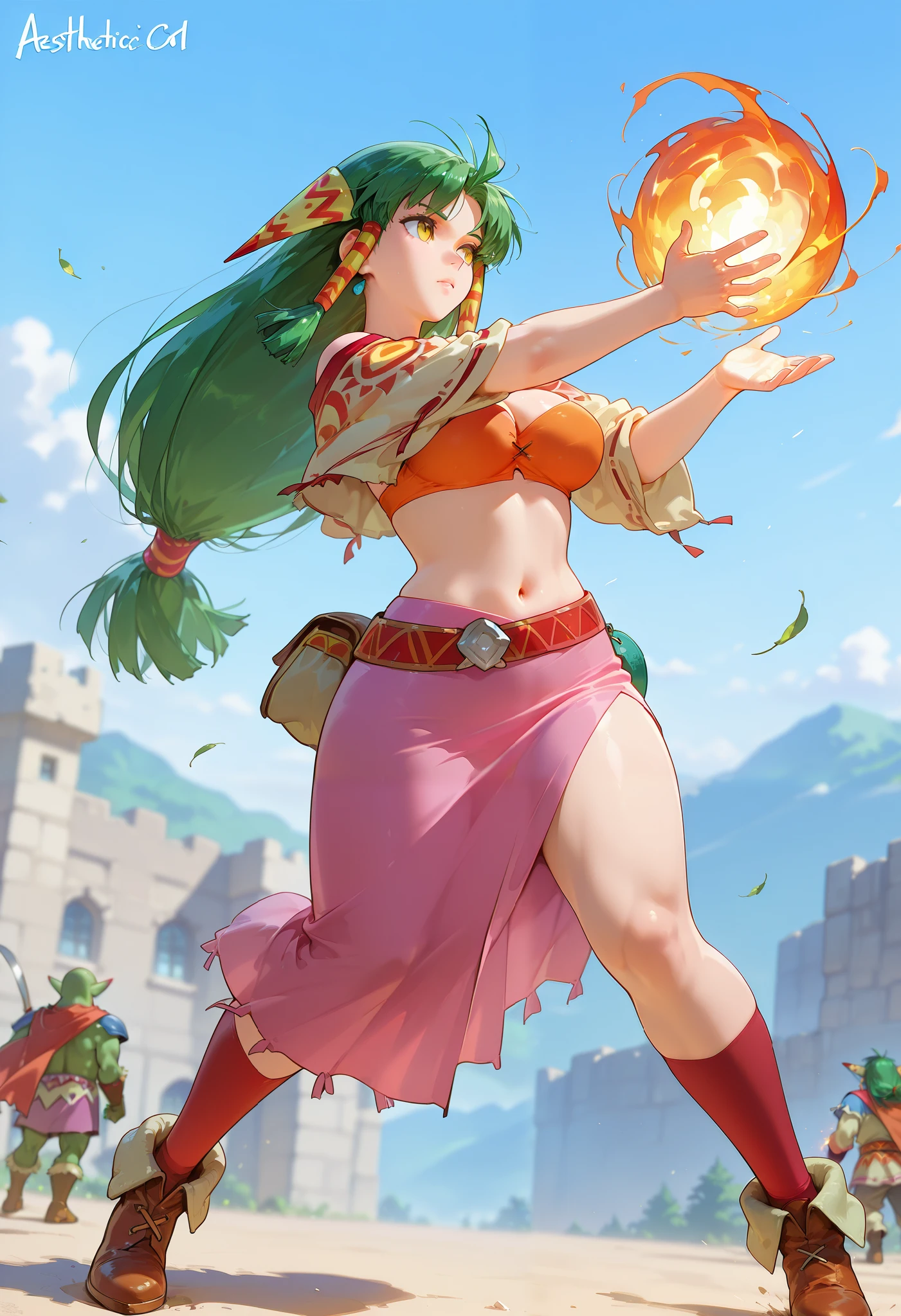 26 yo, face look alike to feena from \(Grandia\), Beautiful Mature young milf, eyesHD, high gradient eyes, detailed eyes, high definition eyes, (mature woman with lean perfection abdomen), chanting the spell, large natural breasts, Curvy body, (outdoor-casting a fireball magic spell - fight a pack of wolves in fantasy classic Grandia settings), battle stance, solo, 1girl, BREAK, She wears an orange bra top that leaves her abdomen exposed, paired with a small short pink skirt held up by a thin red belt. Covering her arms is a tan-colored shawl adorned patterns on both sleeves. Her long green hair flows down her back, with some sections tied through two patterned hair accessories. She completes her ensemble with ripped red socks that extend past her knees and brown shoes featuring tribal patterns similar to those on her belt and shawl, official arts, dynamic jrpg view, cinematic dynamic angles, fantastic fantasy vibrant background, fighting monsters, surrounded by monsters orc goblins,