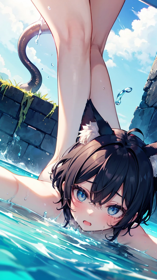 Cat ears and cow print bikini　Cute Girls　Lazy river　Swim ring　ponytail　The rooftop pool in the background