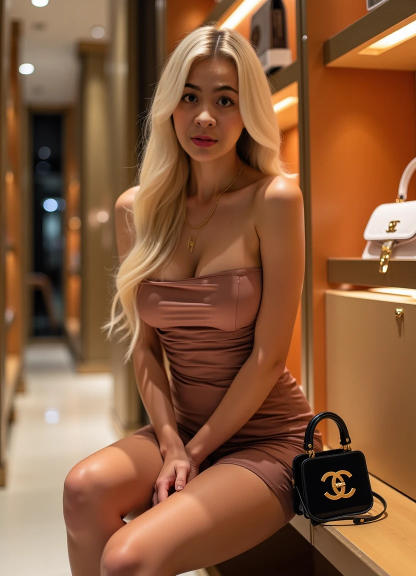 Create a photo of a European influencer in the waiting lounge of a Chinese airport. The model should have green eyes and blonde hair. She should have a fit physique and be wearing an elegant outfit. The setting should convey a sense of luxury, with the model seated comfortably in a chic, modern lounge area. The background should include subtle hints of the airport's Chinese architecture and design elements, such as traditional motifs or signage in Chinese characters. The overall scene should exude sophistication and travel elegance, with the influencer looking poised and relaxed.