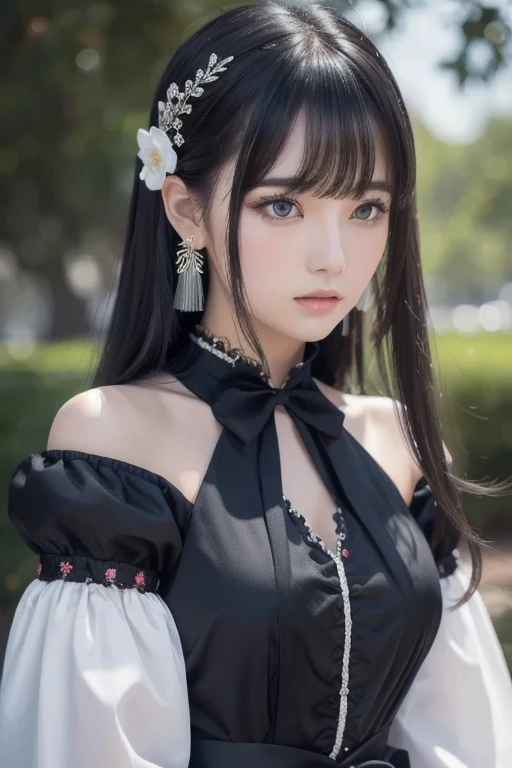 realistic, photo realistic:1.37), incredibly absurdres, (insanely detailed:1.3), 8k, (masterpiece), (best quality:1.4), (ultra high res:1.2), (raw photo:1.2), (unity 8k wallpaper), 1 nogizaka girl, utterly cute, (bishojo:1.35), (:1.4), ((alice and the pirates fashion)), an exquisitely detailed and beautiful face and eyes and skin, hair accessory with blue rose, medium breasts, delicate detailed beautiful dress, detailed black medium hair, professional lighting, smile at the camera, cowboy shot, petit trianon garden and farmhouse, view a village and lake, ultra detailed background