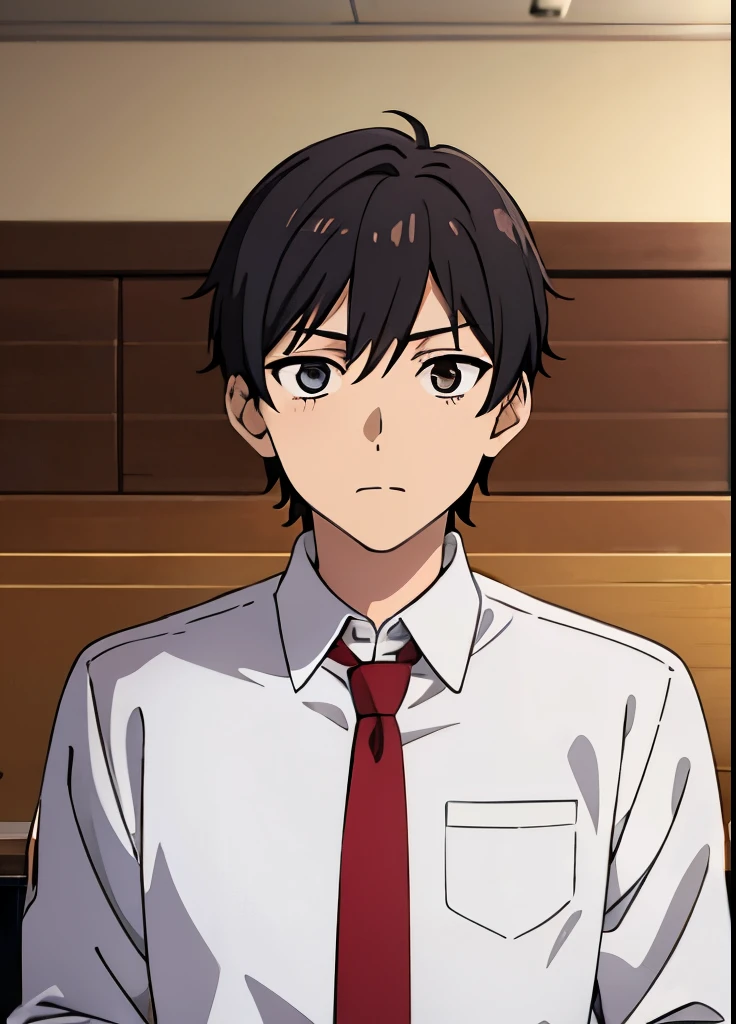 Anime boy, wearing white shirt, red tie, sitting in cafeteria, leaning back
