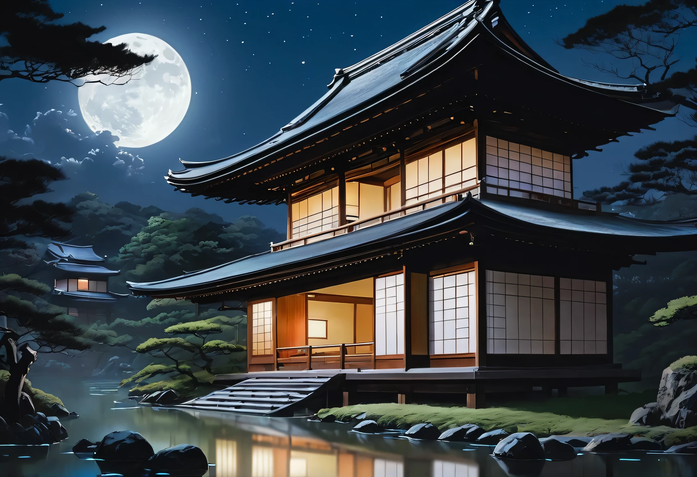 Painting「Matte painting inspired by the full moon and the Japanese house under the moonlight 」 Matte painting inspired by, Japanese art style, Japanese art, traditional Japanese art, Japan at Night, Traditional Japanese painting, old Japanese art, Landscape, Background artwork, Japanese art art, Anime Background Art, night view, Zen Temple Background , a quiet and calm atmosphere , A Beautiful Moonlight Night , Japanese painting, Moonlit Night