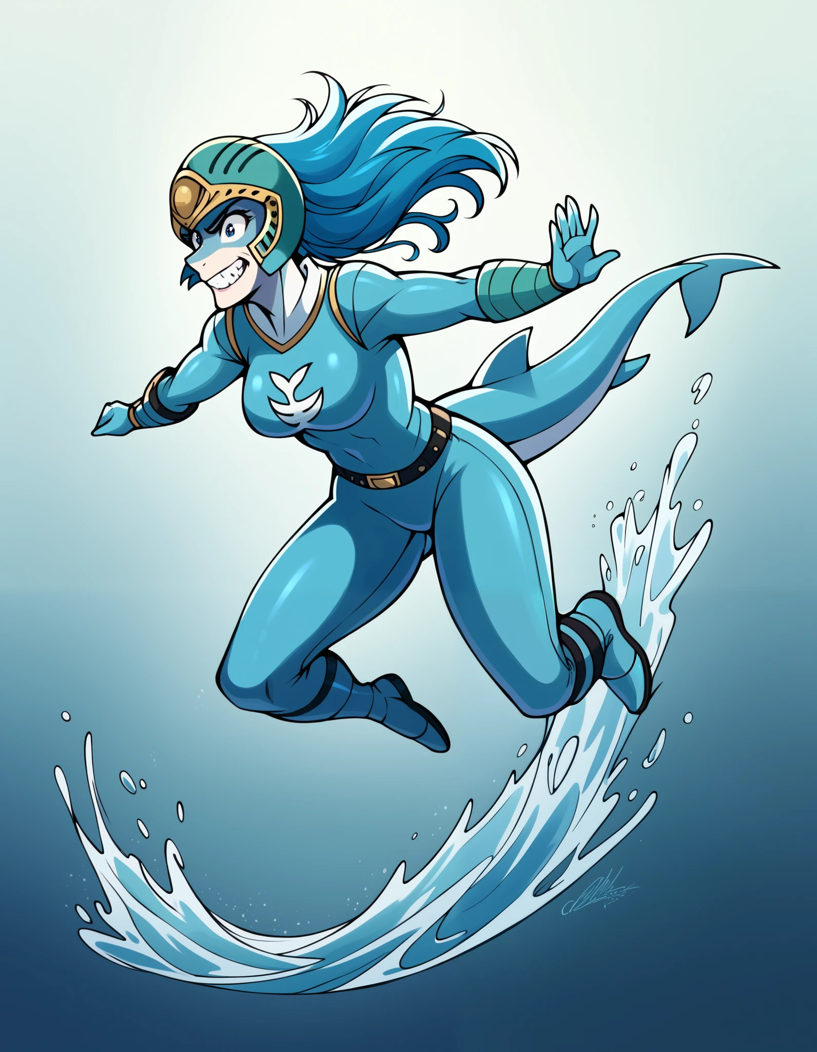 Doubutsu Sentai Zyuohger(Animal Sentai Zyuohger),zyuoh shark/will be(Cuckoo shark/Sera), female warrior wearing a helmet that imitates shark fins in a blue bodysuit,The face of a shark is on the chest of the hero suit , has an aggressive personality and doesn't like being manipulated in games etc. , swims underwater in a dynamic pose ,Female warrior wearing a helmet that imitates shark fins in a blue bodysuit who decides a pose with splashing waves in the background , quietly meditating