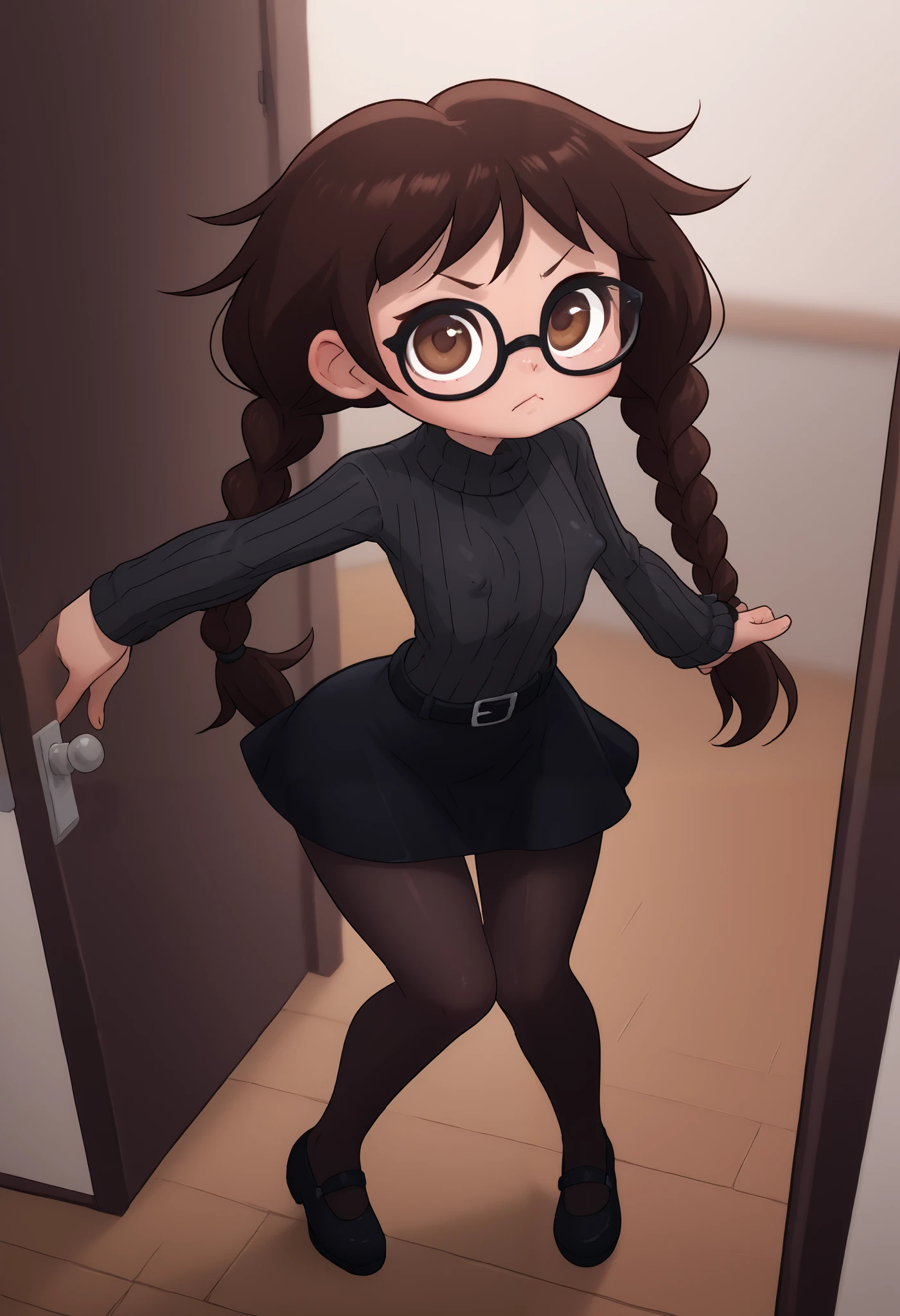  girl, young, full body, (solo 0.6), dark brown hair, braids, twintails, messy braids, puffy hair, messy hair, very long hair, brown eyes, skinny body, slender body, thin waist, flat chest, (tiny butt), (skinny thighs), indoors, (solid black sweater 0.9), black sweater, tight sweater, solid black skirt,  black clothing, medium length skirt, black belt, knee length skirt, black pantyhose, square glasses, opening door, suspicious face, pov, looking up at you, big eyes, (large erect nipple bulge) , cute, (tight shirt)