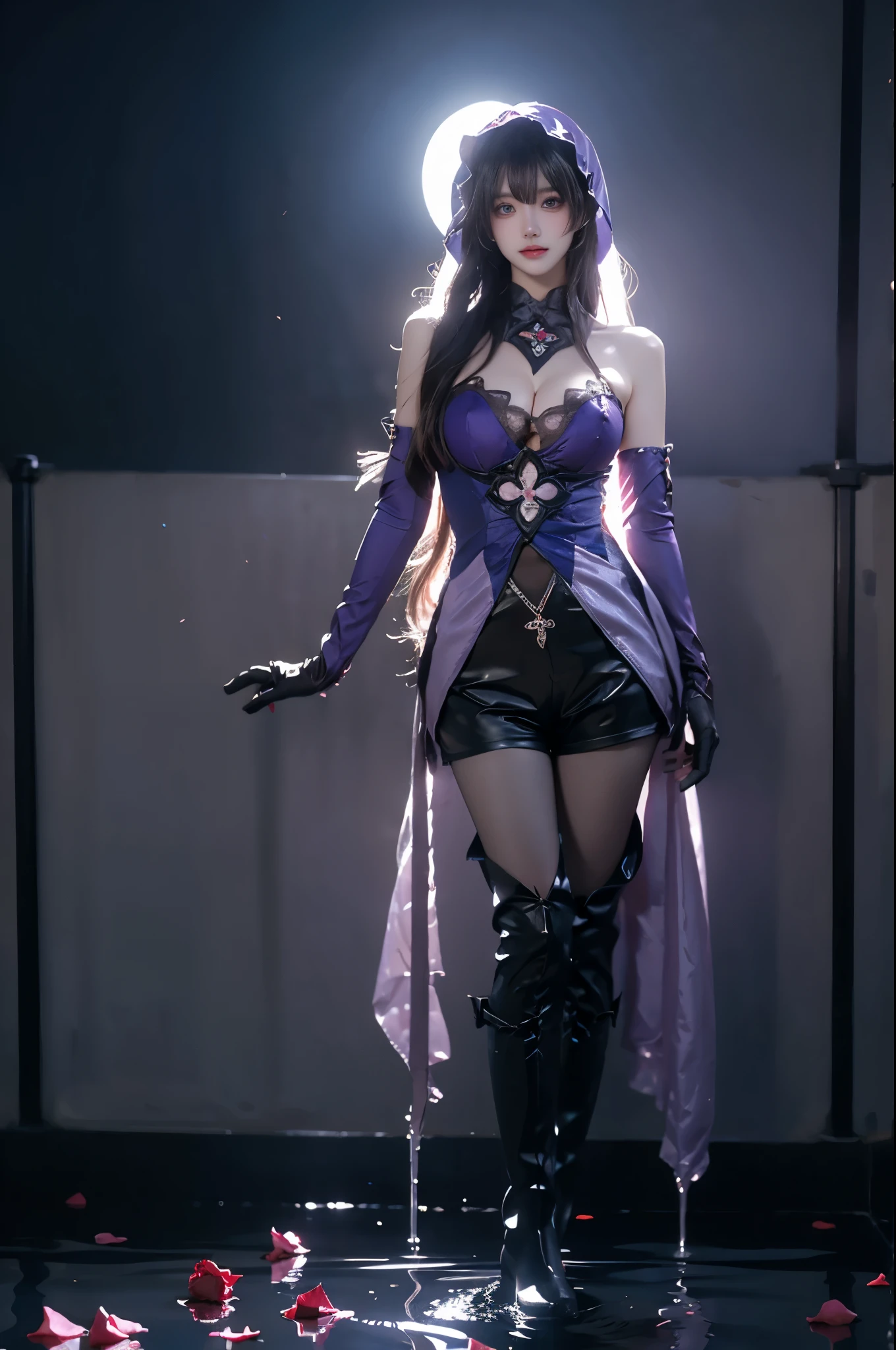 Charming beauties、blouse、pleatedskirt、black pantyhose、Black flower hair ornament、charming oval face、二重まぶた、Clear eyes、Purple eyeshadow、Purple Lipstick、Beautiful thin legs、toned ankles、The ultra -The high-definition、The ultra-detailliert、Elegant standing figure、Create a slender lower body curve、Expressing adult femininity、top-quality、8K、ultra-detailliert、soio、9 head body、Night、Move ki、The Darkness、seductiv、brainwashed、Evil Fall、wicked