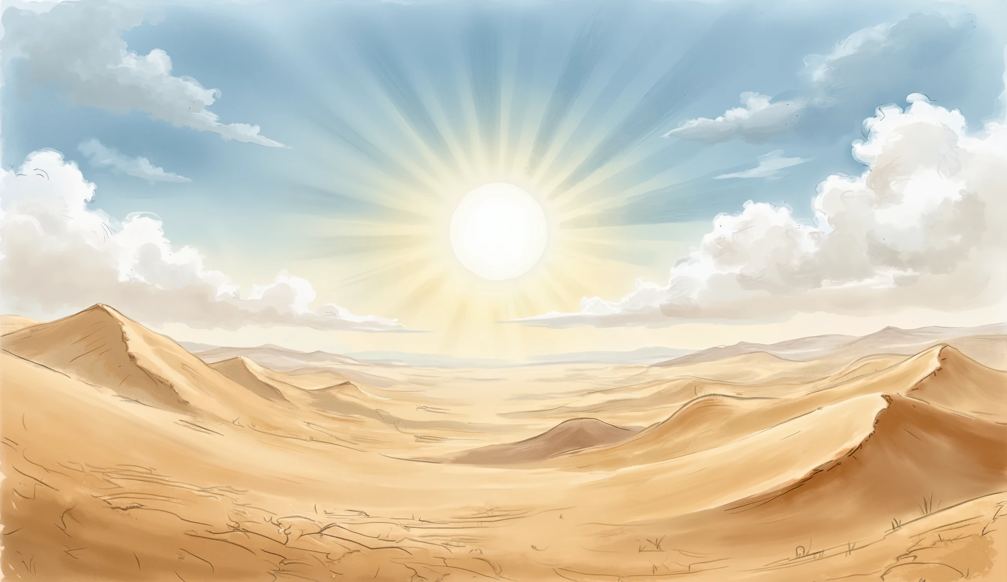 Refrence: " My book of bible stories "
A desert, hot and sunny, no plant, landscape only
(masterpiece best quality:1.2) delicate illustration ultra-detailed,