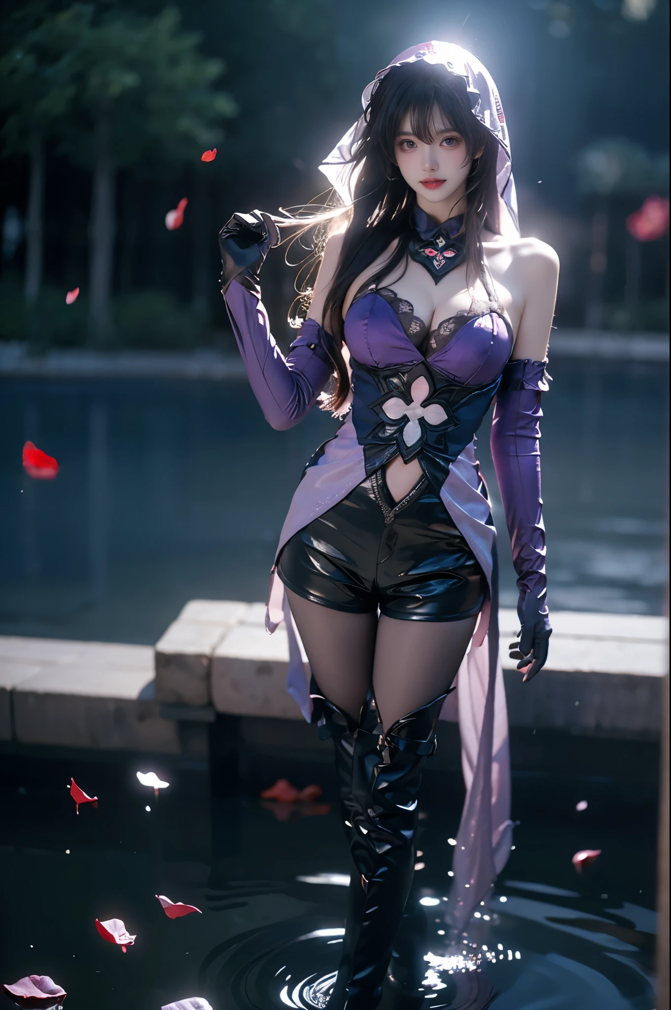 blackswan cosplay costume, arms at side,elbow gloves, cosplay, gauntlets, gloves, dress, purple dress, pantyhose, veil, hood, knee boots, thigh boots, high heel boots, shorts
,,(photorealistic:1.2), beautiful asian woman, (Full bust, visible cleavage, very short hemline), (Beautiful romantic style), fashion model, long slender legs, standing in reflective pool, knee-deep water, elegant dance pose, lifting dress to thigh level, moonlit night scene, scattered rose petals in water, floating rose petals in air, soft moonlight illumination, volumetric lighting, cinematic lighting, high detail skin texture, wet fabric effect, shallow depth of field, soft bokeh, 8k uhd, masterpiece quality
