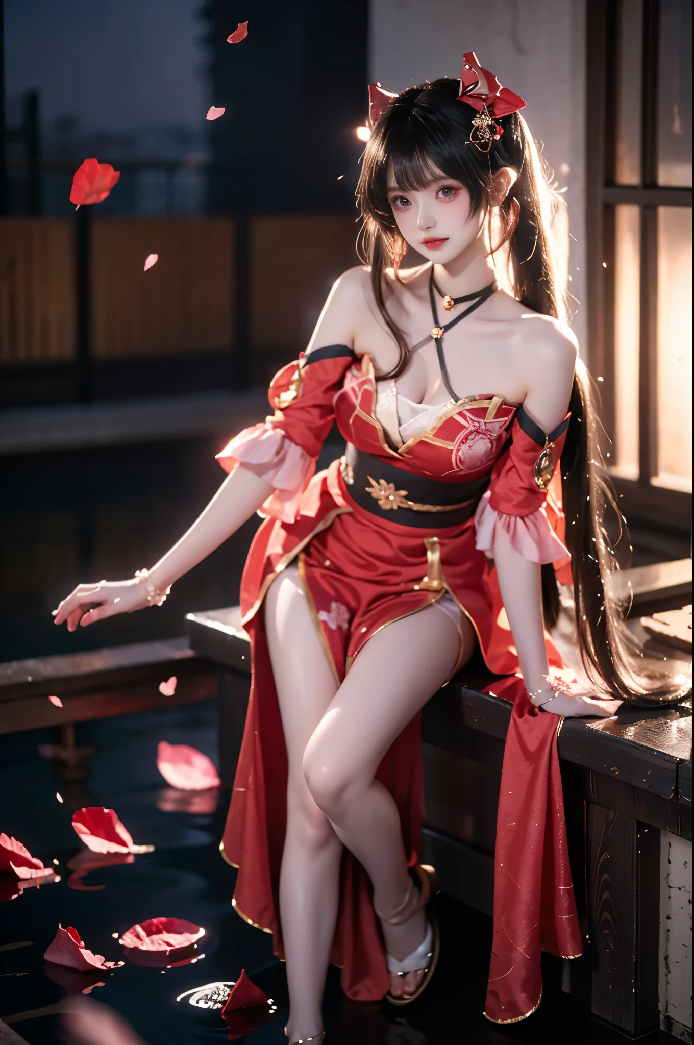 sparkle cosplay costume, cosplay, twintails, dress, detached sleeves, bell, single glove, hair ornament, bare shoulders, sandals, fox mask, mask on head
,,(photorealistic:1.2), beautiful asian woman, (Full bust, visible cleavage, very short hemline), (Beautiful romantic style), fashion model, long slender legs, standing in reflective pool, knee-deep water, elegant dance pose, lifting dress to thigh level, moonlit night scene, scattered rose petals in water, floating rose petals in air, soft moonlight illumination, volumetric lighting, cinematic lighting, high detail skin texture, wet fabric effect, shallow depth of field, soft bokeh, 8k uhd, masterpiece quality