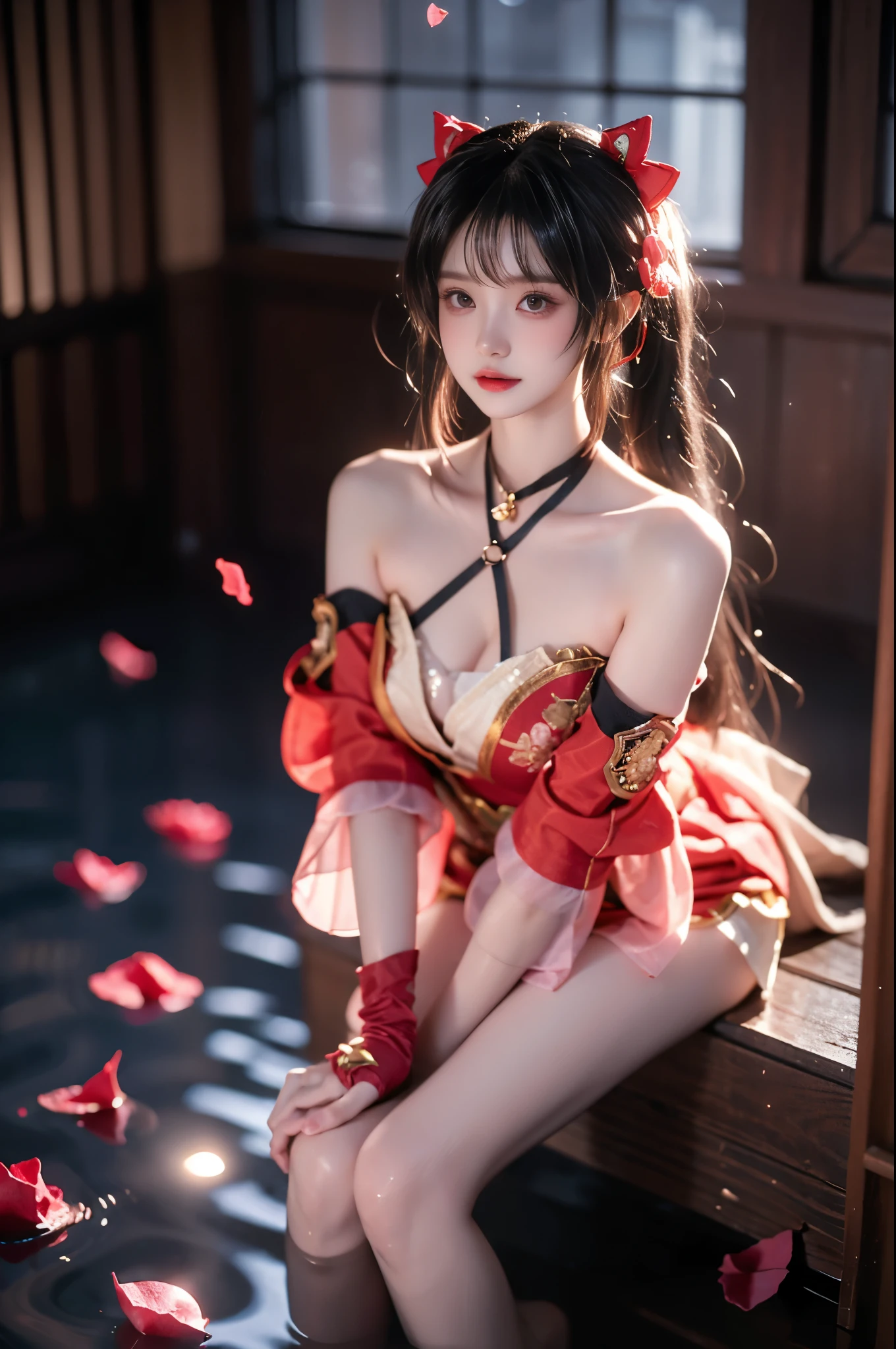 sparkle cosplay costume, cosplay, twintails, dress, detached sleeves, bell, single glove, hair ornament, bare shoulders, sandals, fox mask, mask on head
 ,,(photorealistic:1.2), beautiful asian woman, (Full bust, visible cleavage, very short hemline), (Beautiful romantic style), fashion model, long slender legs, standing in reflective pool, knee-deep water, elegant dance pose, lifting dress to thigh level, moonlit night scene, scattered rose petals in water, floating rose petals in air, soft moonlight illumination, volumetric lighting, cinematic lighting, high detail skin texture, wet fabric effect, shallow depth of field, soft bokeh, 8k uhd, masterpiece quality