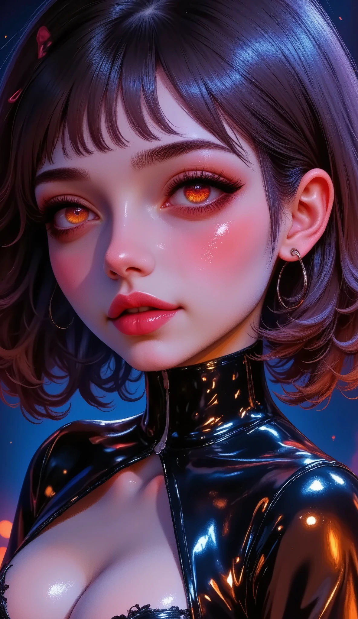  general plan full body half profile looking at the camera , ,  Of a woman with orange makeup and long eyelashes  , round green eyes , round green eyes s, verdes eyes, shades of orange and black  ,  big, detailed eyes  , orange pupils,  round charcoal eyes  , fluffy orange skin,  round peach face  , Pop makeup style,  the locks on her face  , shades orange and blue  ,  ORANGE SHADES  ,  big, detailed eyes  ,  round eyes,  round eyes and beautiful slanted eyes full and kissable lips , redondo