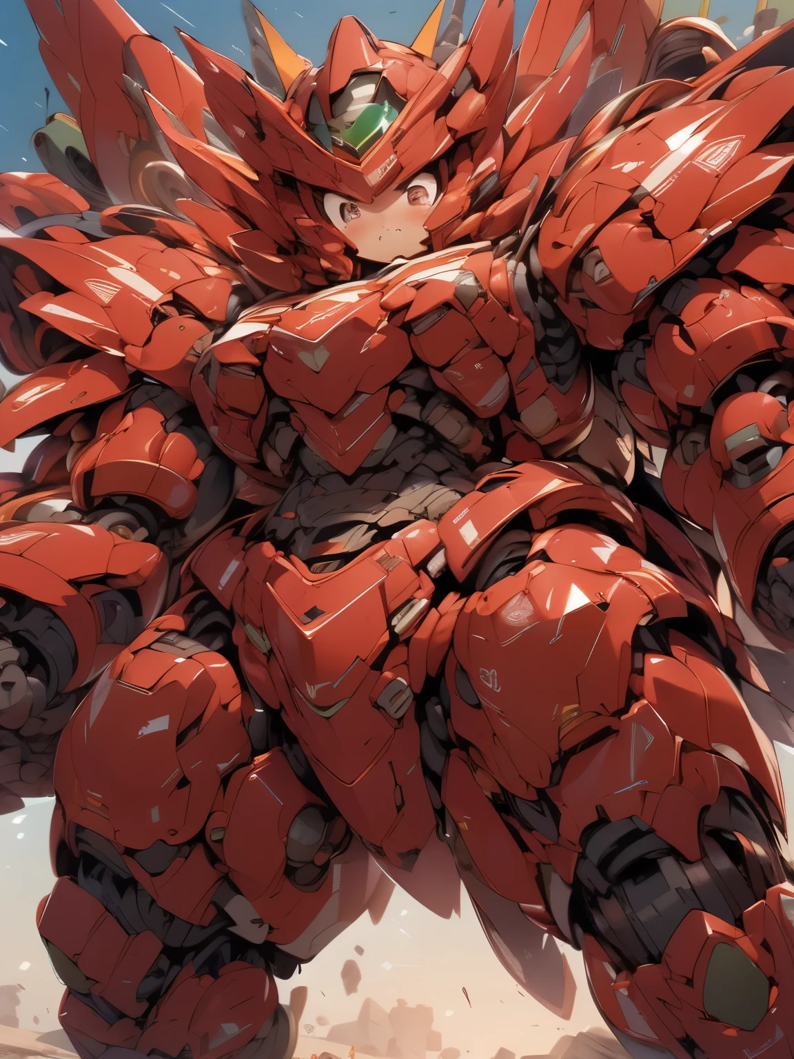 (((1 chibi girl in large robot costume, equip helmet))), ((ssmile)), (black hair), (chibi), (bulky:1.8), (((helmet))), large cute face, (((looking down:1.5))), mechanical parts, ((mechanical wings)), (full armor:1.8), (mecha armor:1.8), (shoulder guards:1.2),(huger arms), ((mechanical arms:1.5)), (huger body:1.8), (heavy equipment:1.6), (from below), robot joints, becoming a mecha, mecha, (RARS), (HRS), ROBOTANIMESTYLE, BJ_Cute_Mech,cute, girl BREAK ((masterpiece)), vibrant colors, 8k, best quality, ultra detailed illustration, ((best quality)), ((high resolution)), flawless skin textures, shiny oiled skin, extremely detailed anime eyes , extreme light and shadow