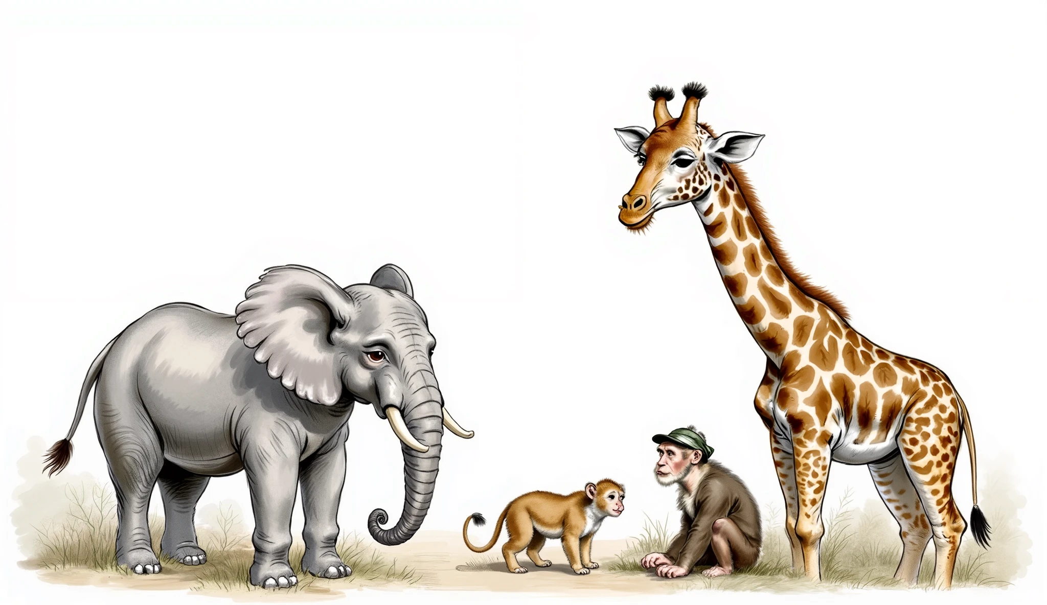 Refrence: " My book of bible stories "
Different Wild animals, Elephant, Giraffe, monkey, space between them, white background
(masterpiece best quality:1.2) delicate illustration ultra-detailed,