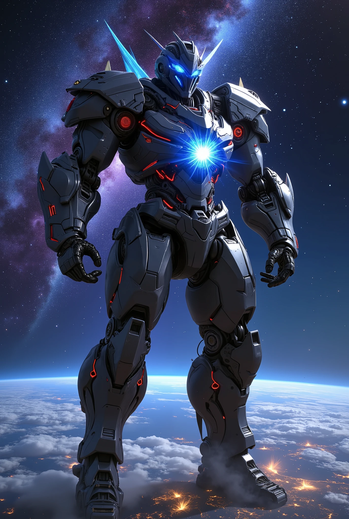 A giant robot stands on the Earth as a perfect sphere. It features the Earth/(atmosphere glowing with a subtle blue bloom effect, detailed continents, oceans, clouds, and city lights visible in the dark side/), the robot/(a Nio stance with both, hands on hips, glowing blue energy lines across its body, a brightly lit radial chest core, and rim lighting highlighting metal details/), the robot's feet buildings the size of the robot's feet stand in a row. The background is filled with stars, nebulae, and distant planets, with stardust particles scattered throughout, (wide shot,long shot),aurora effects stretching across the universe, cinematic lighting, and ultra-realistic textures.