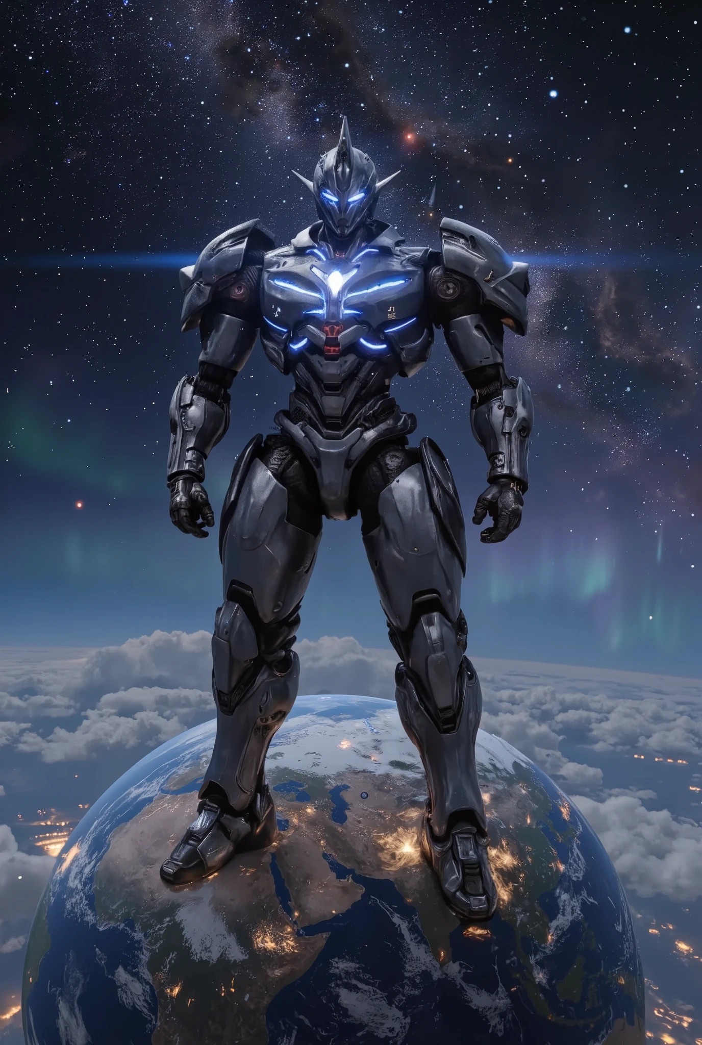 A giant robot stands on the Earth as a perfect sphere. It features the Earth/(atmosphere glowing with a subtle blue bloom effect, detailed continents, oceans, clouds, and city lights visible in the dark side/), the robot/(a Nio stance with both, hands on hips, glowing blue energy lines across its body, a brightly lit radial chest core, and rim lighting highlighting metal details/), the robot's feet buildings the size of the robot's feet stand in a row. The background is filled with stars, nebulae, and distant planets, with stardust particles scattered throughout, aurora effects stretching across the universe, cinematic lighting, and ultra-realistic textures.