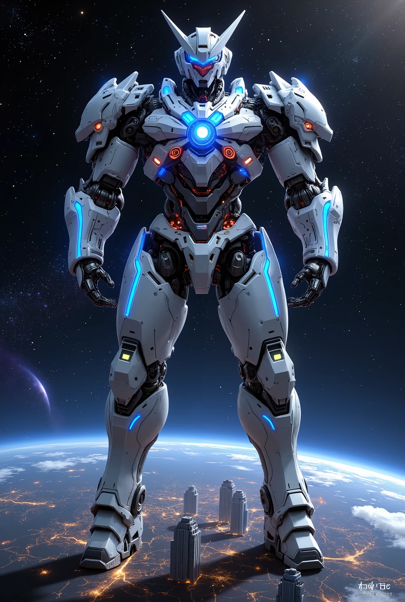 A giant robot stands on the Earth as a perfect sphere. It features the Earth/(atmosphere glowing with a subtle blue bloom effect, detailed continents, oceans, clouds, and city lights visible in the dark side/), the robot/(a Nio stance with both, hands on hips, glowing blue energy lines across its body, a brightly lit radial chest core, and rim lighting highlighting metal details/), the robot's feet buildings the size of the robot's feet stand in a row. The background is filled with stars, nebulae, and distant planets, with stardust particles scattered throughout, aurora effects stretching across the universe, cinematic lighting, and ultra-realistic textures.