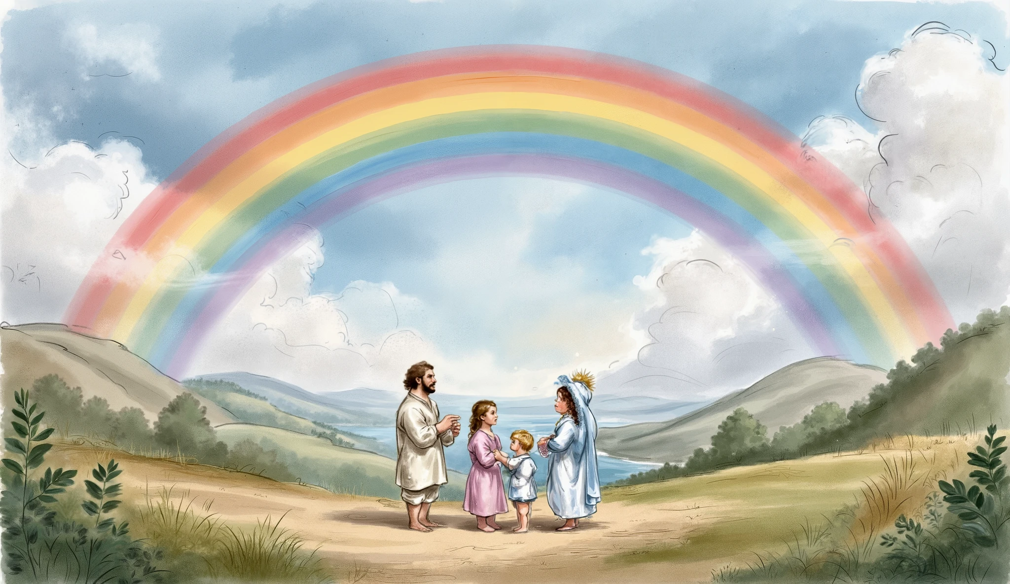 Refrence: " My book of bible stories "
dry land, gazing up at a large, colorful rainbow stretching across the sky.
(masterpiece best quality:1.2) delicate illustration ultra-detailed,
