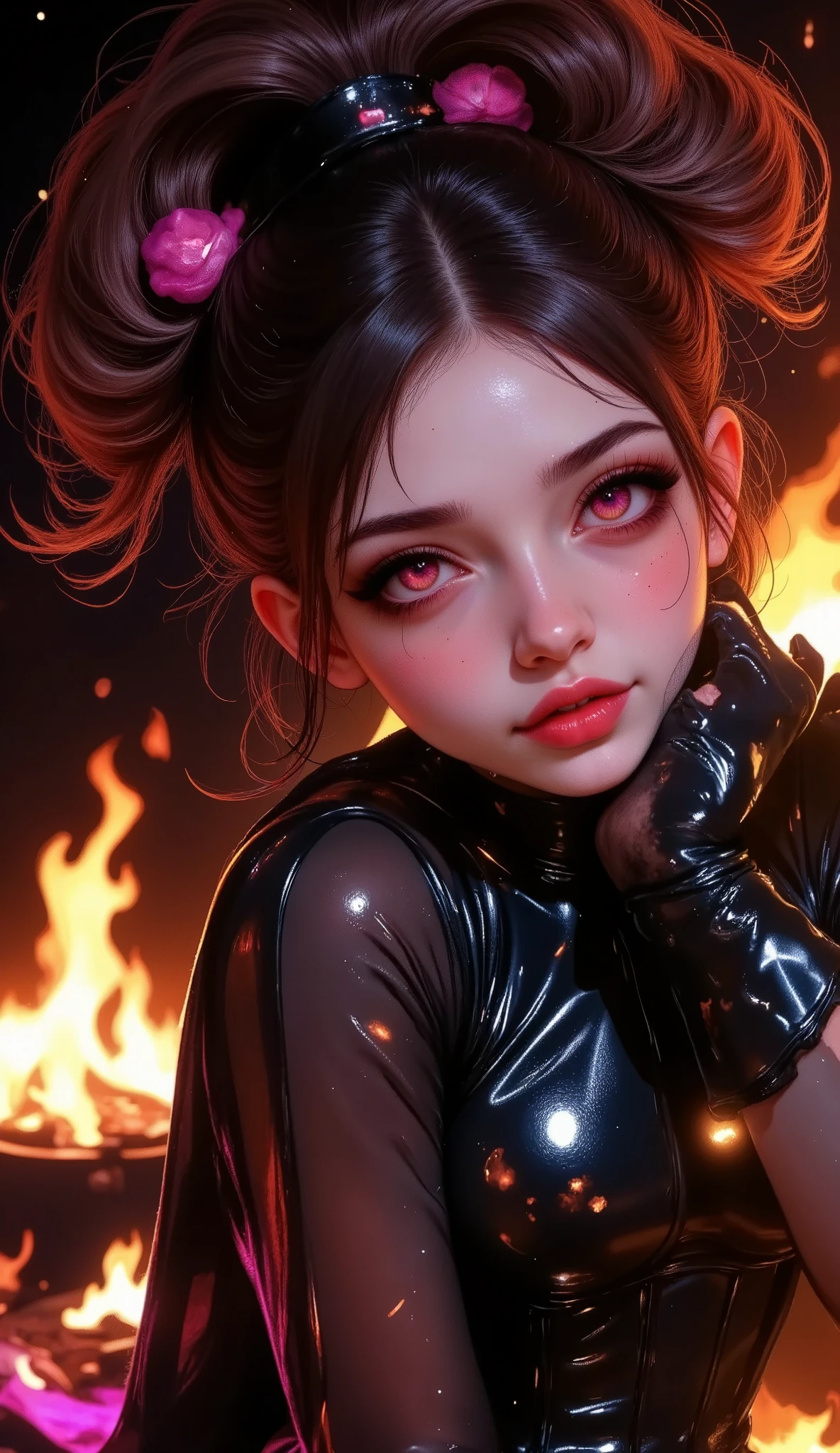 Portrait of a woman close up, beautiful face and eyes , fire in the background, fire illuminating the face and in the reflection, sultry and dark