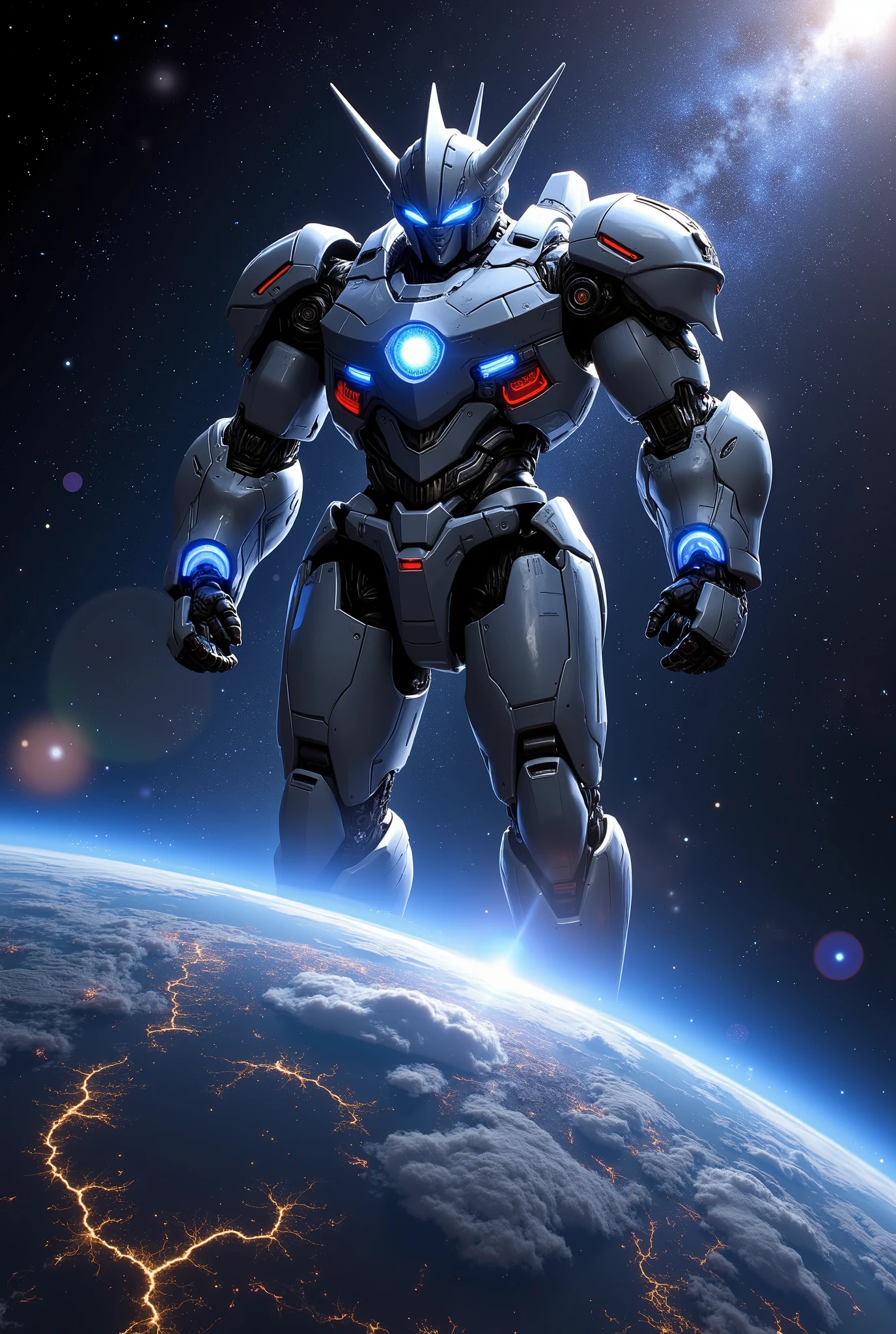 Earth as a complete sphere floating in deep space, glowing atmosphere with a faint blue bloom effect, continents, oceans, and clouds highly detailed, city lights visible on the dark side, giant hero robot floating above Earth, standing in a powerful pose, one hand on its waist and the other outstretched, glowing blue energy lines, radiant chest core emitting light, rim lighting emphasizing metallic details, background filled with stars, nebulae, and distant planets, stardust particles, aurora effect in the cosmos, lens flare from distant stars, cinematic lighting, ultra-realistic textures