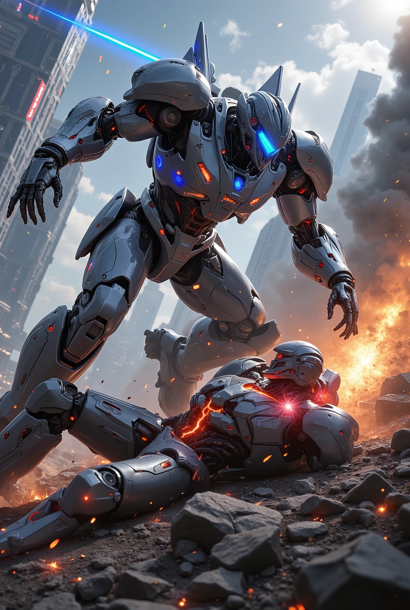 dynamic composition, two giant robots fighting in a futuristic city, hero robot diving from the air, slamming villain robot into the ground, one hand pressing on villain's chest, motion blur on hero's arms and legs for speed, glowing blue energy lines on hero's body, villain robot lying on its back, shattered ground with shard effect, red energy leaking from villain's broken chest, sparks and plasma effects around villain, energy shockwave radiating from the impact, cracked and cratered ground, debris and dust rising, futuristic skyscrapers in the background, lens flare from the sun, smoke effects from collapsing buildings, cinematic lighting, ultra-realistic textures, high-detail mechanical designs