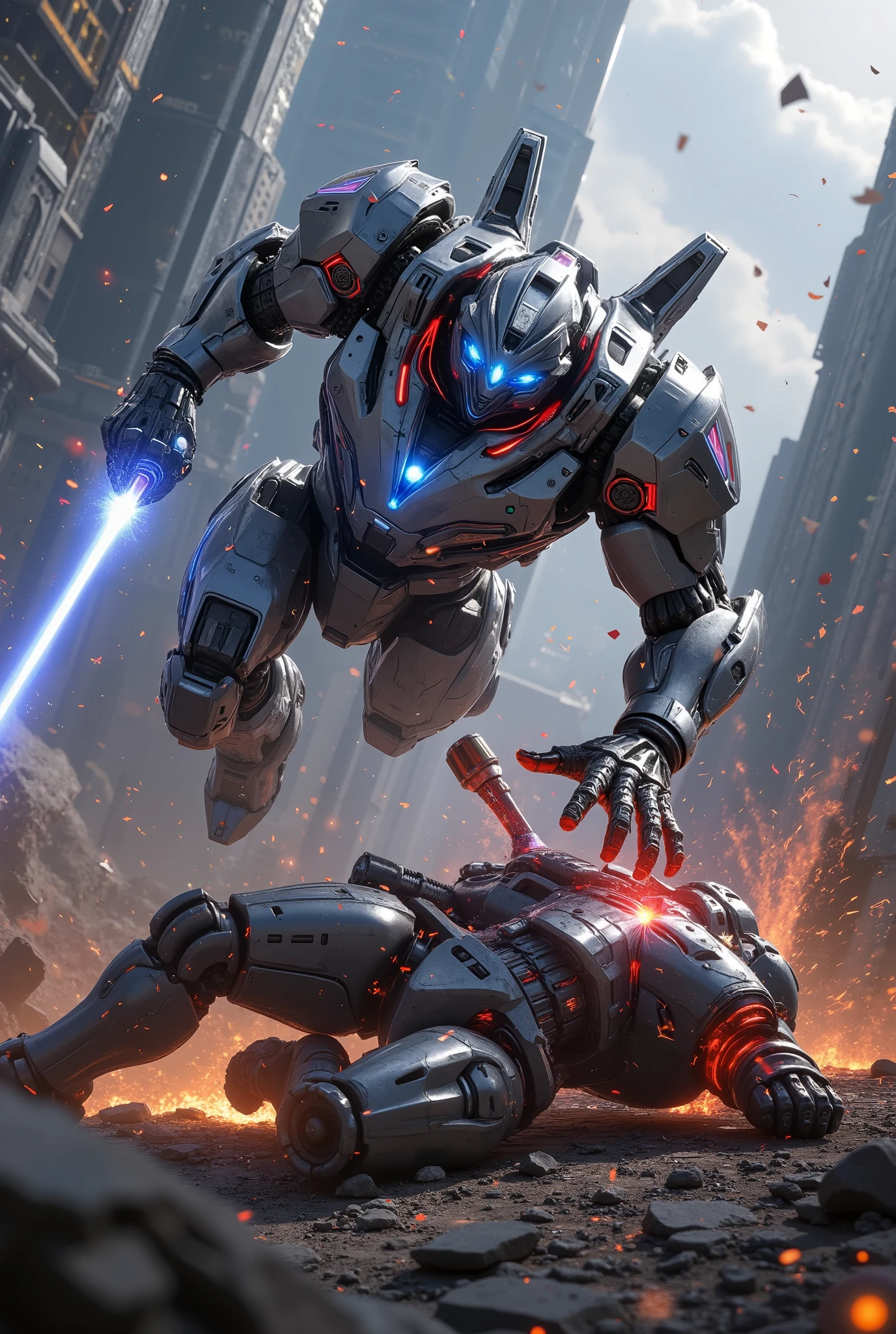dynamic composition, two giant robots fighting in a futuristic city, hero robot diving from the air, slamming villain robot into the ground, one hand pressing on villain's chest, motion blur on hero's arms and legs for speed, glowing blue energy lines on hero's body, villain robot lying on its back, shattered ground with shard effect, red energy leaking from villain's broken chest, sparks and plasma effects around villain, energy shockwave radiating from the impact, cracked and cratered ground, debris and dust rising, futuristic skyscrapers in the background, lens flare from the sun, smoke effects from collapsing buildings, cinematic lighting, ultra-realistic textures, high-detail mechanical designs