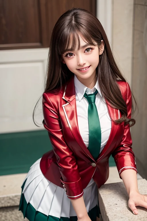 A horse girl with a height of 167 cm and a beautiful bust of D cup. Long straight cut hair in a light chestnut color. Dark blue eyes with upturned corners, like foxes. Beautiful eye makeup. Neat nose and mouth. Clear and shiny skin. Well-groomed hands and feet. Slim figure like a model. An overwhelming smile. On the grass of the racetrack.、Running at full speed with palms outstretched, with horse ears on his head(Human ears are hidden by hair and cannot be seen)
A gorgeous red and black tailcoat with a horse tail attached to the tailbone, a ribbon on the chest, a mini skirt, and black knee socks.