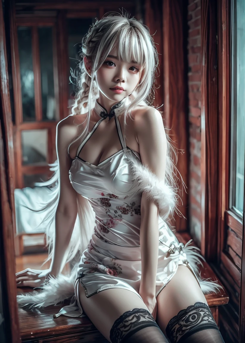 (CG 8k wallpaper extremely detailed, masterpiece, best quality, ultra-detailed), (better lighting, better shadow, extremely delicate and beautiful), floating, high saturation, dynamic angle, ((1girl)), gorgeous, ningguang(orchid evening dress) white hair, red eyes, very long hair, hair ornament, bangs