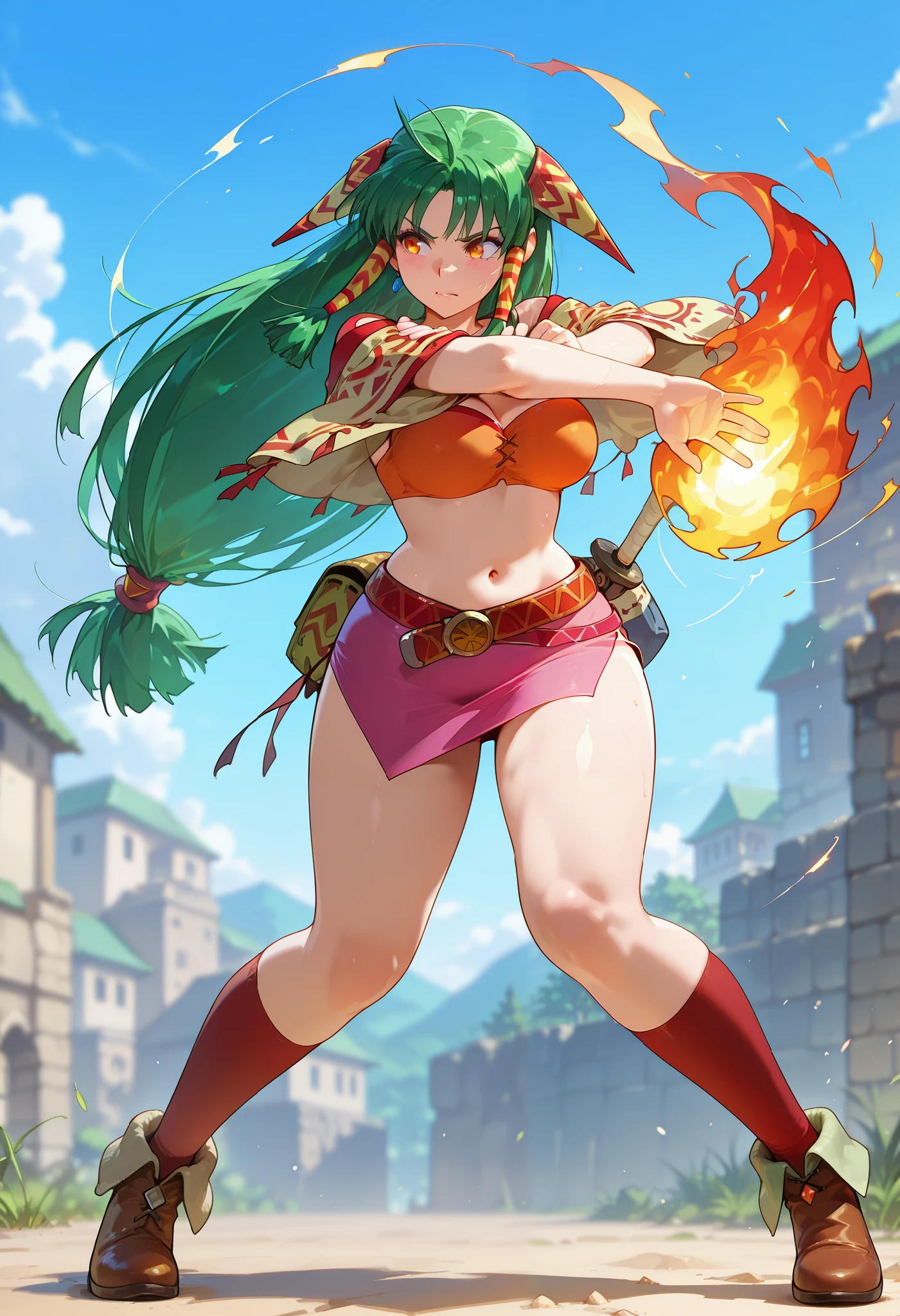 26 yo, face look alike to feena from \(Grandia\), Beautiful Mature young milf, eyesHD, high gradient eyes, detailed eyes, high definition eyes, (mature woman with lean perfection abdomen), decisive expression, large natural breasts, Curvy body, (outdoor-blasting a blaze of flame magic spell - fight a pack of wolves in fantasy classic Grandia settings), battle stance, solo, 1girl, BREAK, She wears an orange bra top that leaves her abdomen exposed, paired with a small short pink skirt held up by a thin red belt. Covering her arms is a tan-colored shawl adorned patterns on both sleeves. Her long green hair flows down her back, with some sections tied through two patterned hair accessories. She completes her ensemble with ripped red socks that extend past her knees and brown shoes featuring tribal patterns similar to those on her belt and shawl, official arts, dynamic jrpg view, cinematic dynamic angles, fantastic fantasy vibrant background, fighting monsters, surrounded by monsters orc goblins, blasting the flame at the monsters!, 