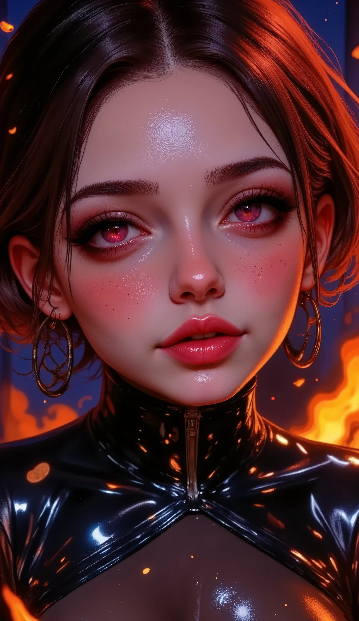 A beautiful woman's close-up portrait, stunning eyes and face, fire in the background, fire illuminating the face and in the reflection, sultry and dark, (best quality,4k,8k,highres,masterpiece:1.2),ultra-detailed,(realistic,photorealistic,photo-realistic:1.37),detailed eyes,detailed lips,extremely detailed face,long eyelashes,dramatic lighting,chiaroscuro,moody,cinematic,dark and fiery atmosphere,warm lighting,dramatic shadows,dramatic composition,rich colors,deep shadows,glowing embers