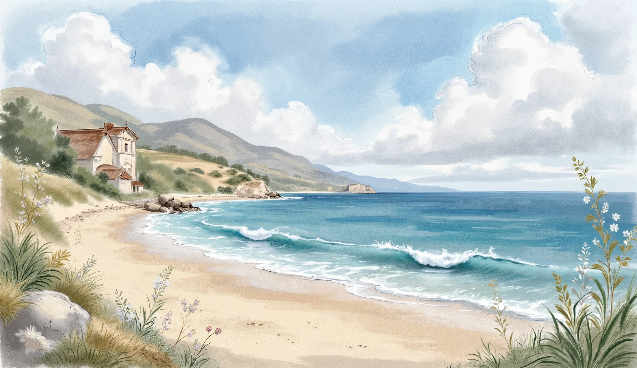 Refrence: " My book of bible stories "
Sea shore, illustration landscape.
(masterpiece best quality:1.2) delicate illustration ultra-detailed,